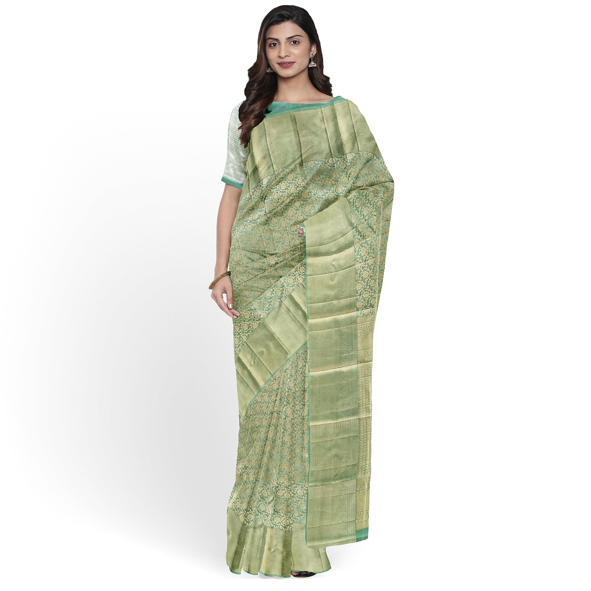 Pista Green Brocade Kanjivaram Silk Saree – Pure Zari Woven Handloom Saree for Weddings Online - New Sudarshan Silks`