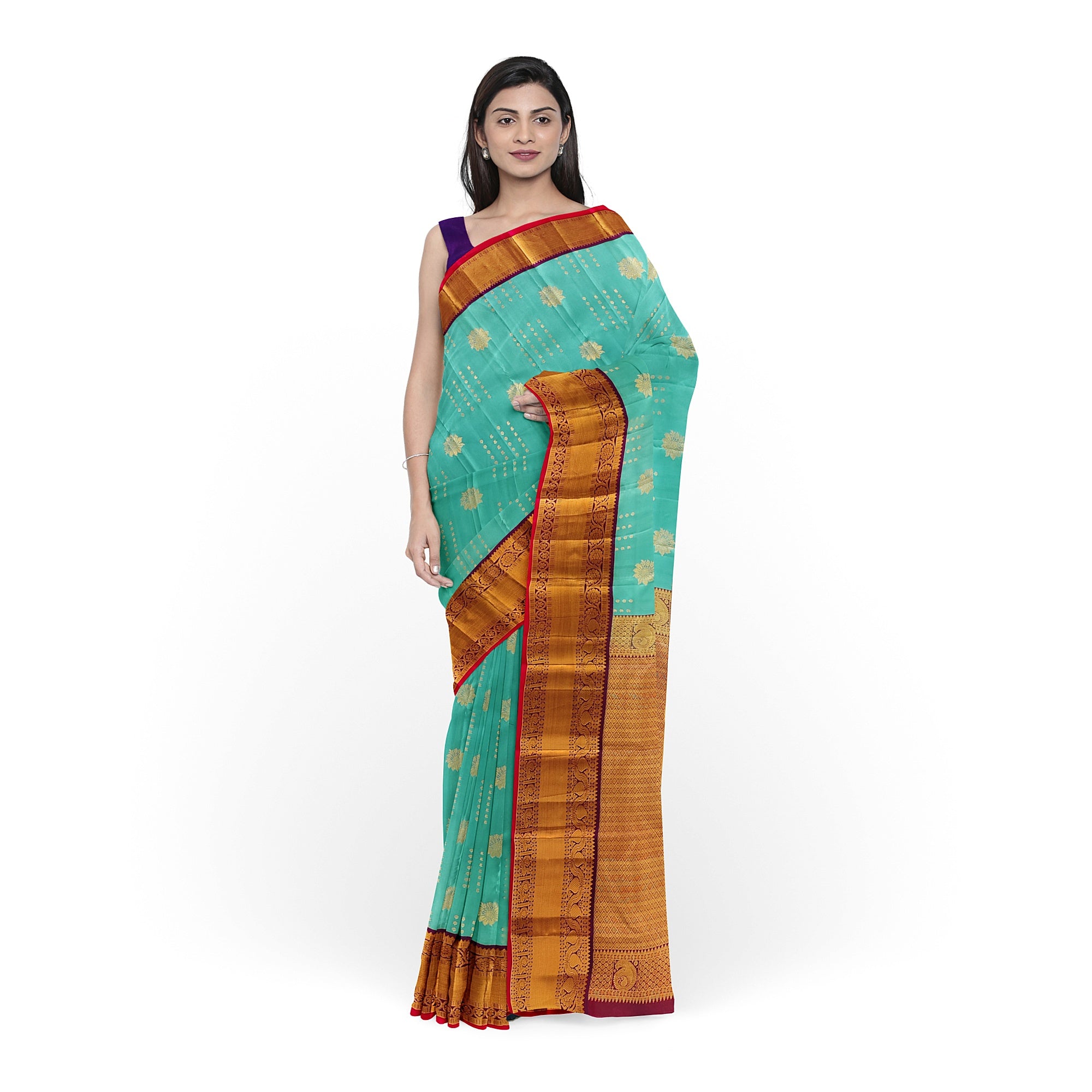 Blue Kanjivaram Silk Saree with Purple Zari Border – Pure Handloom Bridal Saree Online - New Sudarshan Silks`