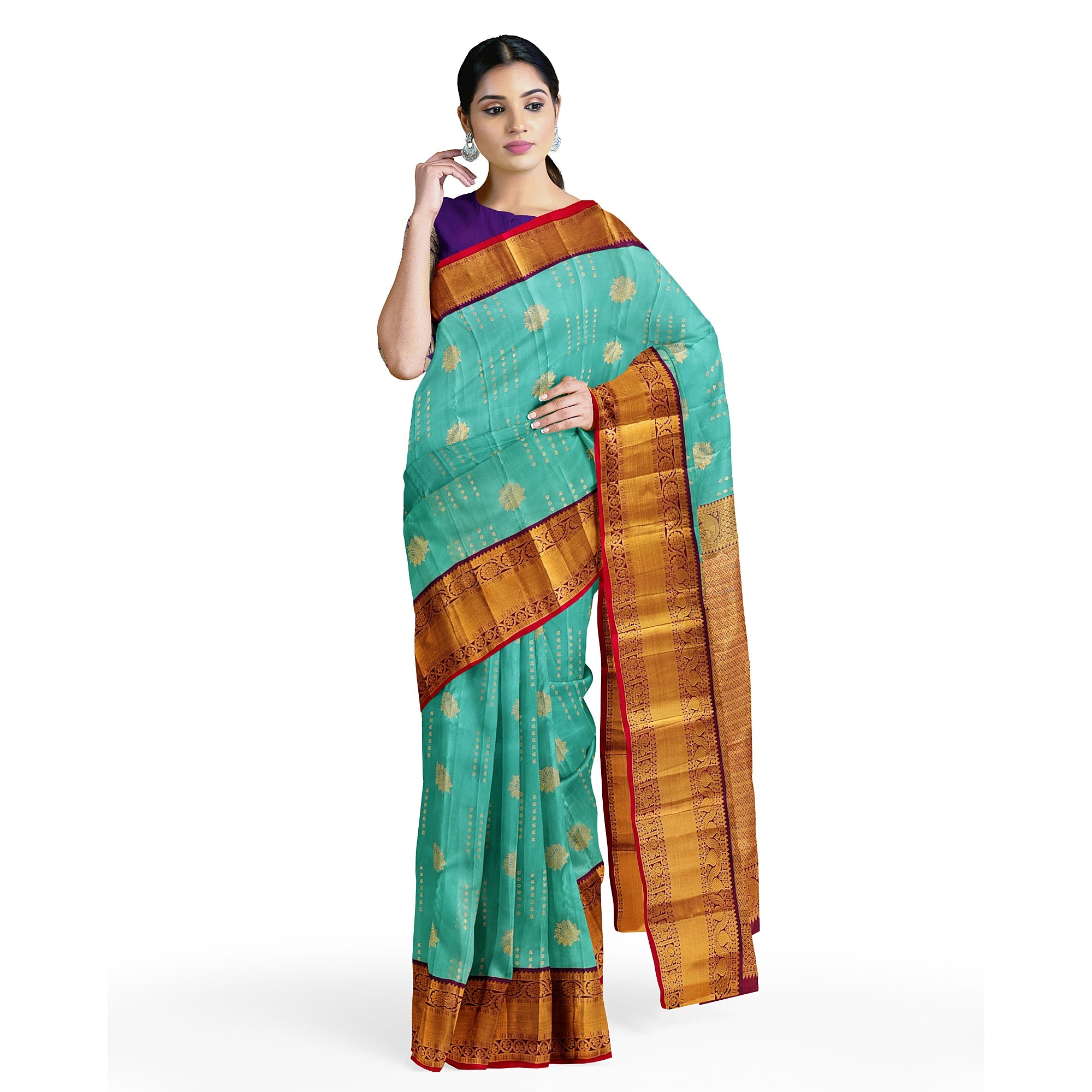 Blue Kanjivaram Silk Saree with Purple Zari Border – Pure Handloom Bridal Saree Online - New Sudarshan Silks`
