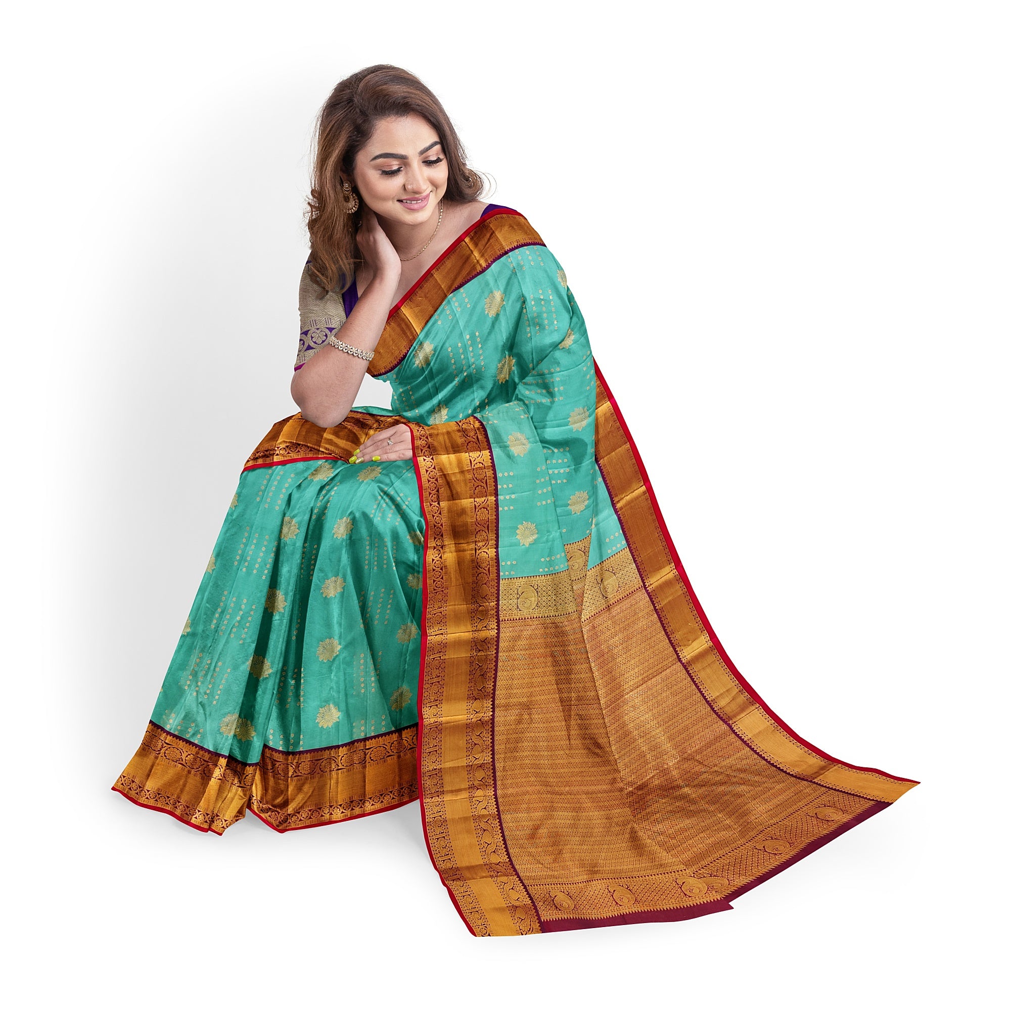Blue Kanjivaram Silk Saree with Purple Zari Border – Pure Handloom Bridal Saree Online - New Sudarshan Silks`