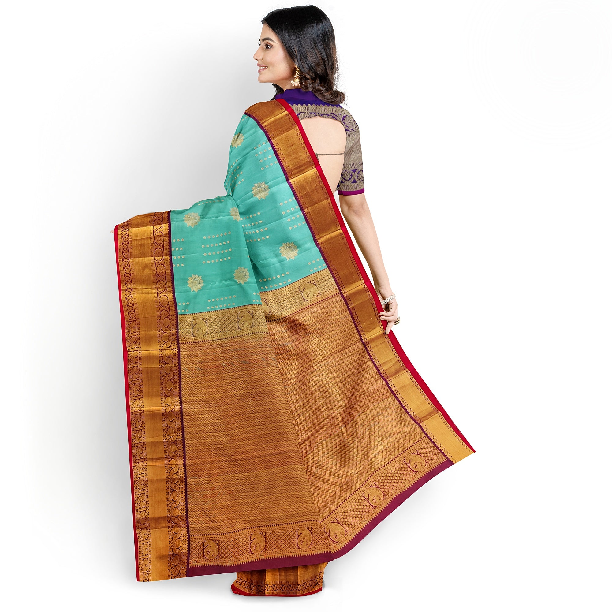 Blue Kanjivaram Silk Saree with Purple Zari Border – Pure Handloom Bridal Saree Online - New Sudarshan Silks`