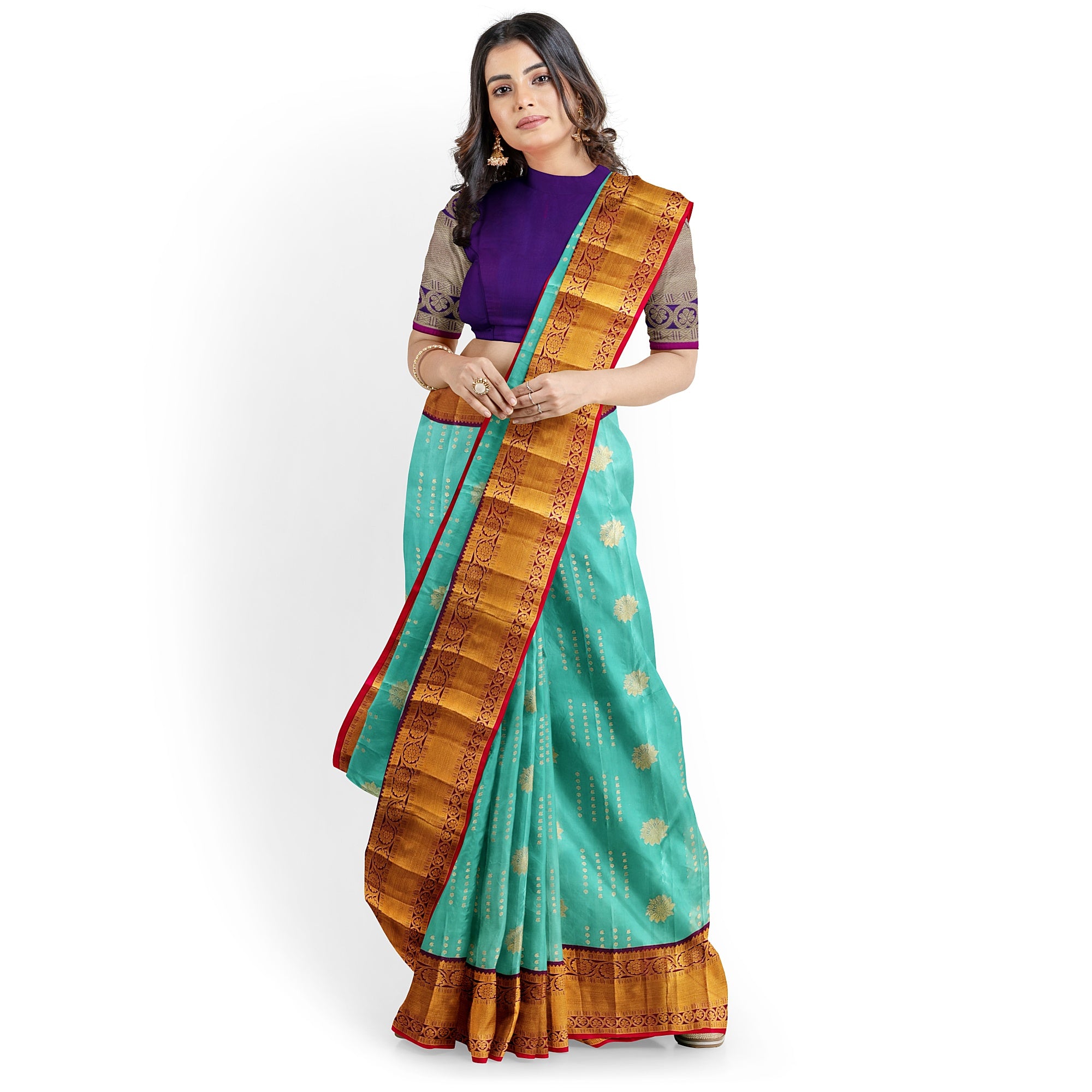 Blue Kanjivaram Silk Saree with Purple Zari Border – Pure Handloom Bridal Saree Online - New Sudarshan Silks`