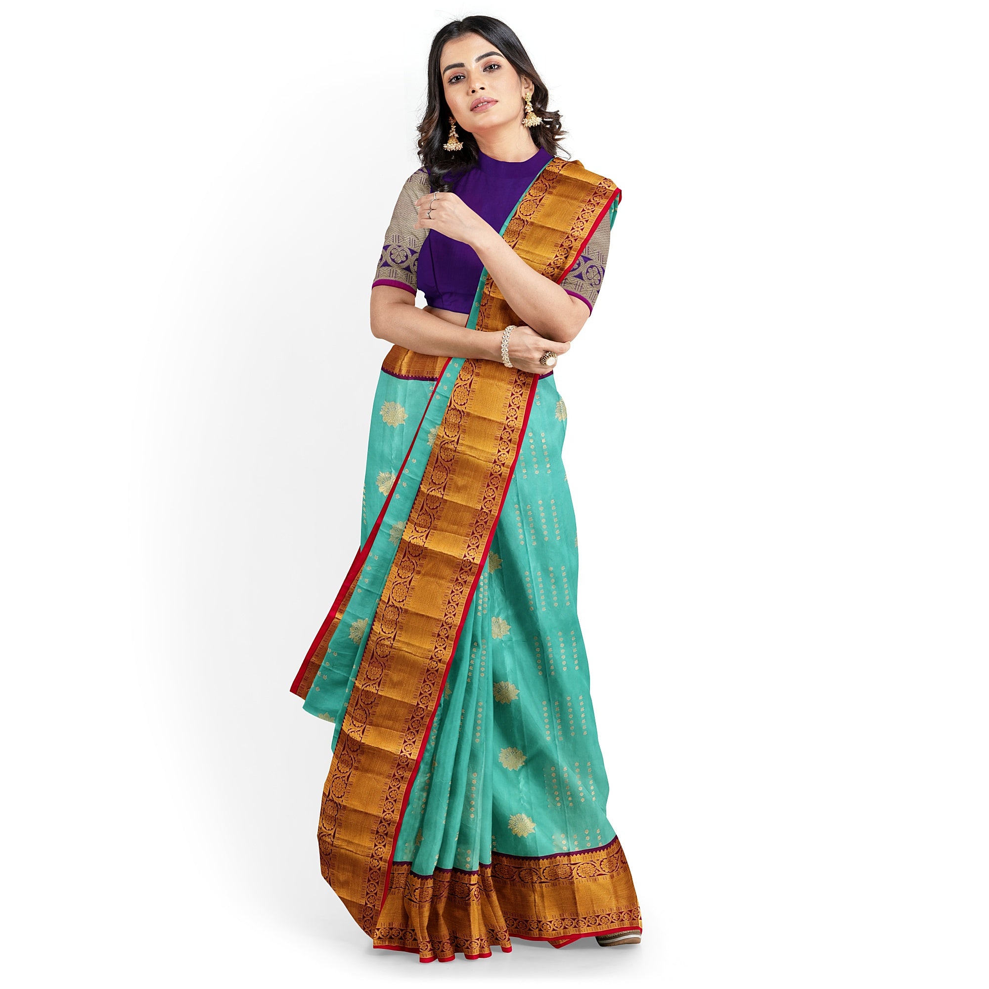 Blue Kanjivaram Silk Saree with Purple Zari Border – Pure Handloom Bridal Saree Online - New Sudarshan Silks`