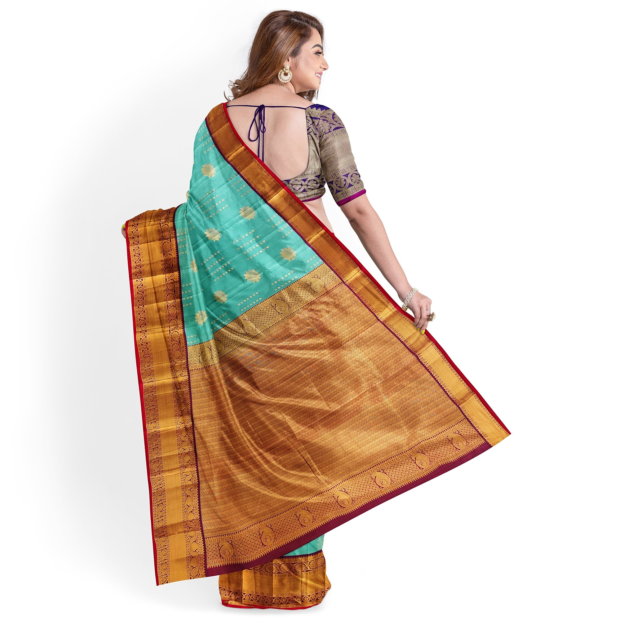 Blue Kanjivaram Silk Saree with Purple Zari Border – Pure Handloom Bridal Saree Online - New Sudarshan Silks`