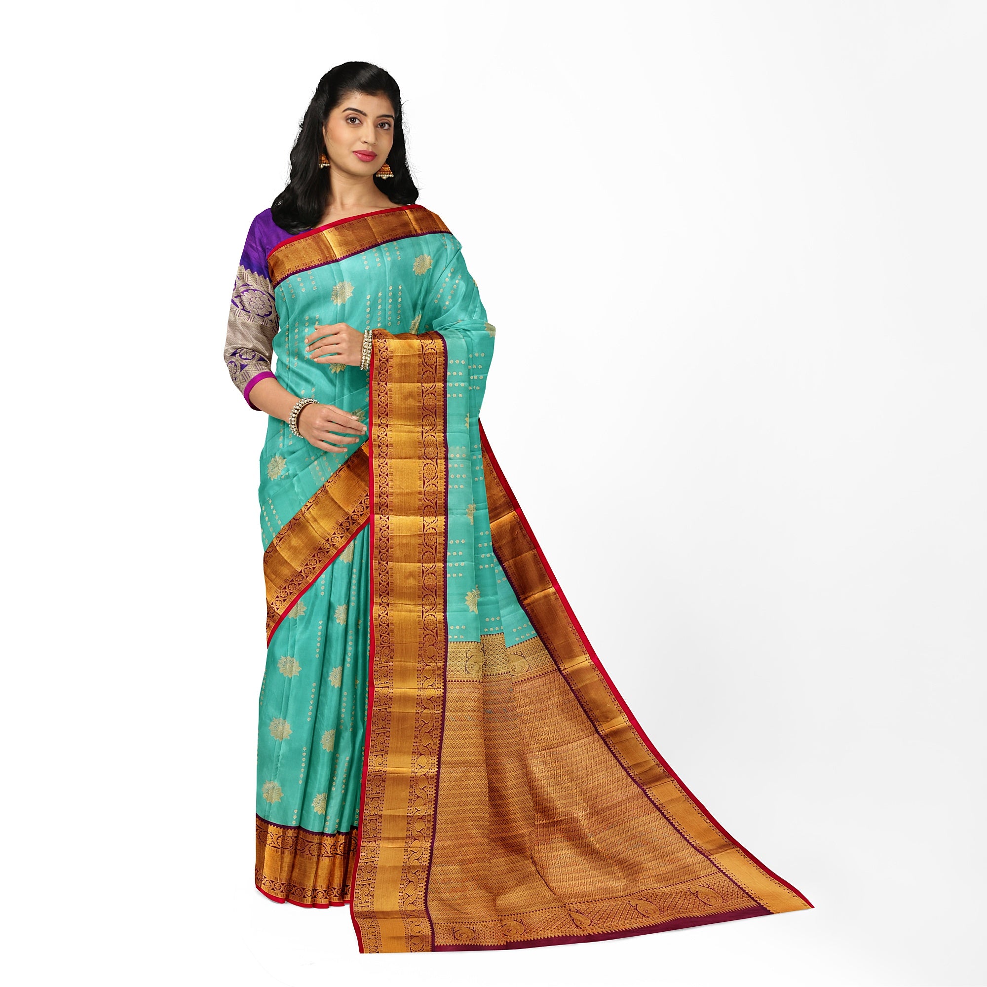 Blue Kanjivaram Silk Saree with Purple Zari Border – Pure Handloom Bridal Saree Online - New Sudarshan Silks`