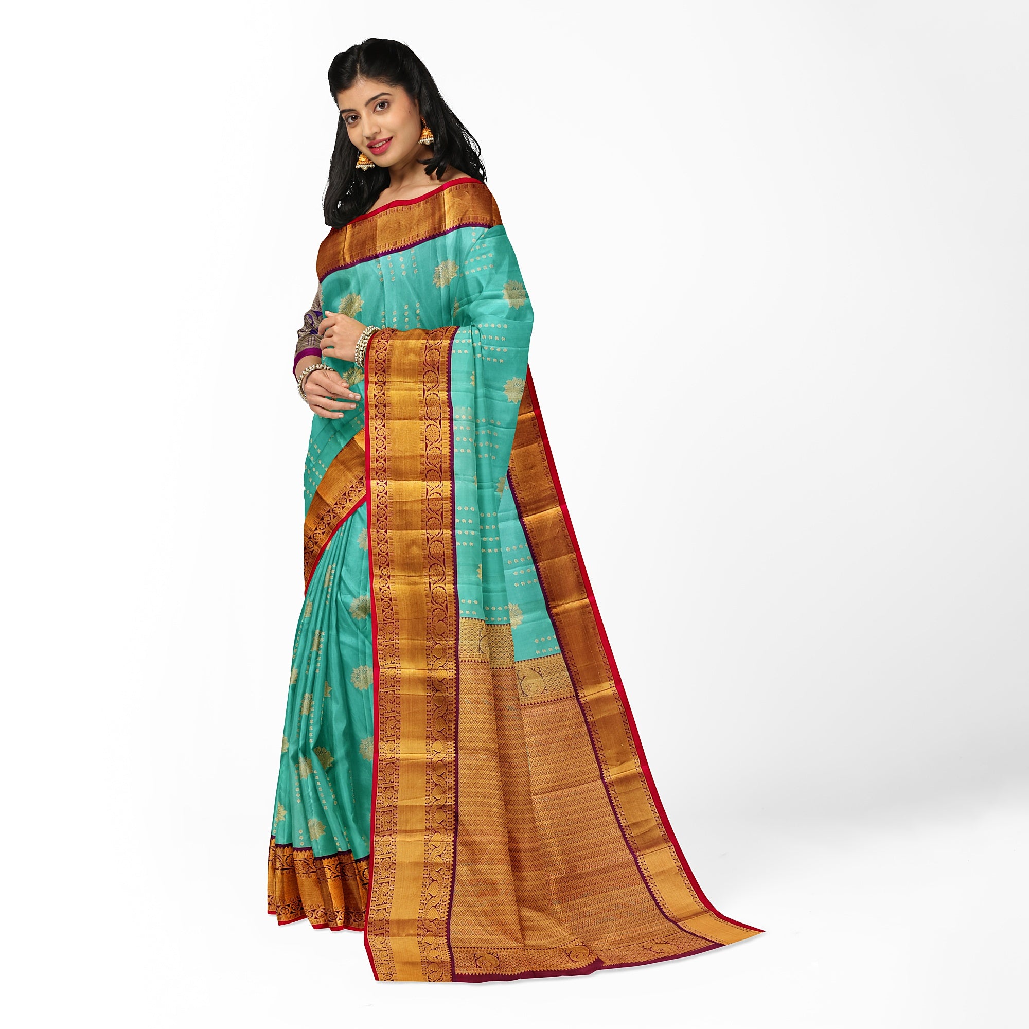 Blue Kanjivaram Silk Saree with Purple Zari Border – Pure Handloom Bridal Saree Online - New Sudarshan Silks`