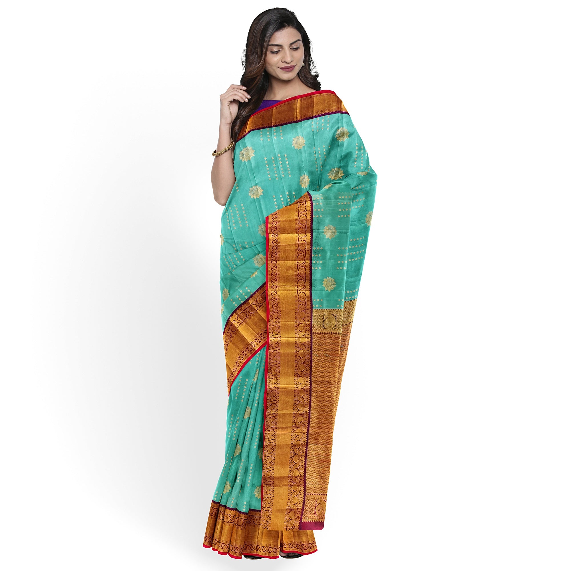 Blue Kanjivaram Silk Saree with Purple Zari Border – Pure Handloom Bridal Saree Online - New Sudarshan Silks`