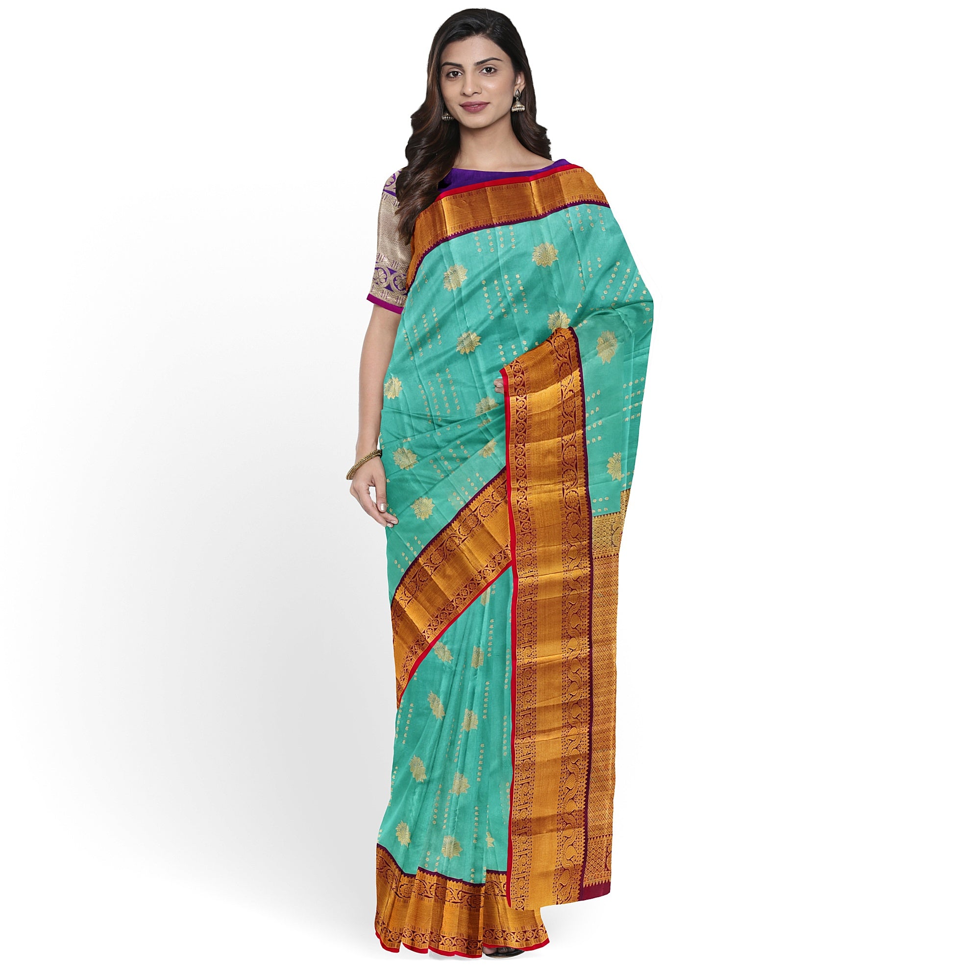 Blue Kanjivaram Silk Saree with Purple Zari Border – Pure Handloom Bridal Saree Online - New Sudarshan Silks`