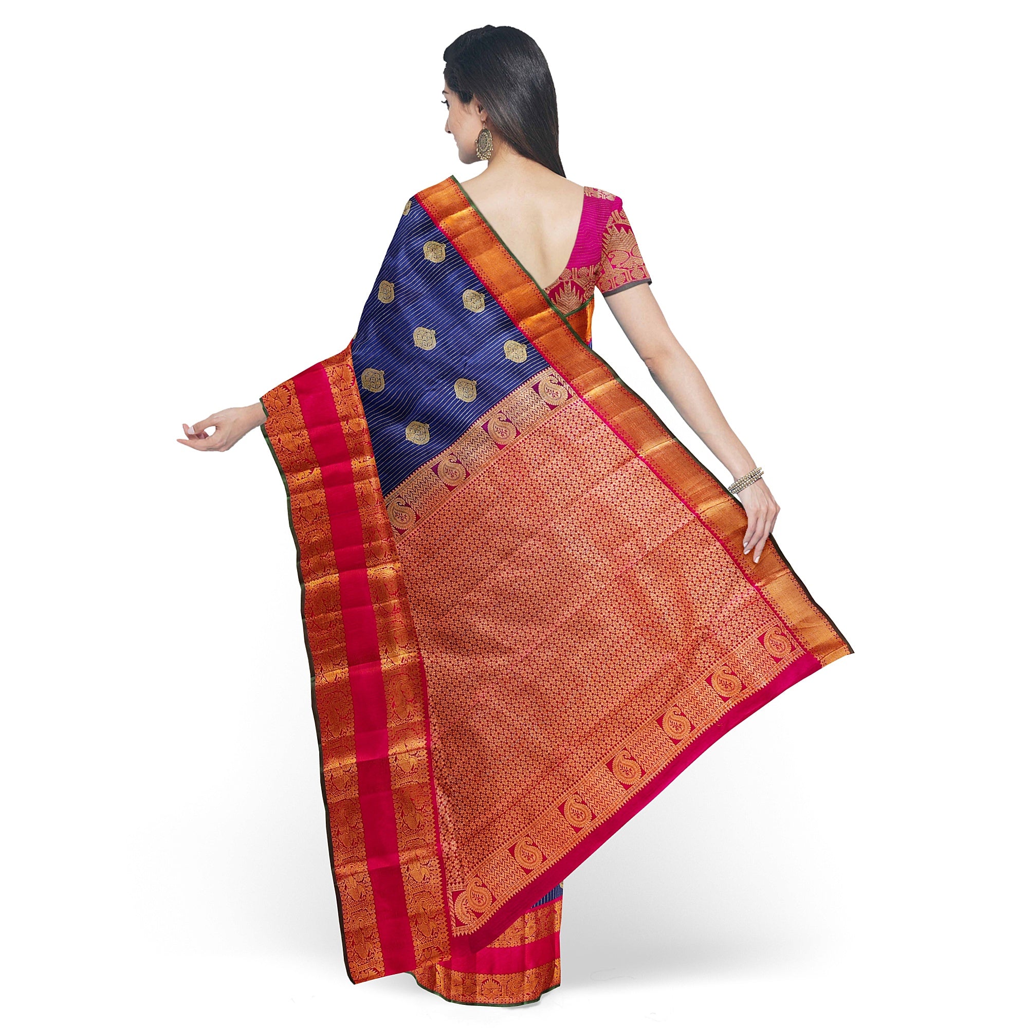 Ink Blue Kanjivaram Silk Saree with Pink Zari Border – Handwoven Bridal Elegance Online - New Sudarshan Silks`
