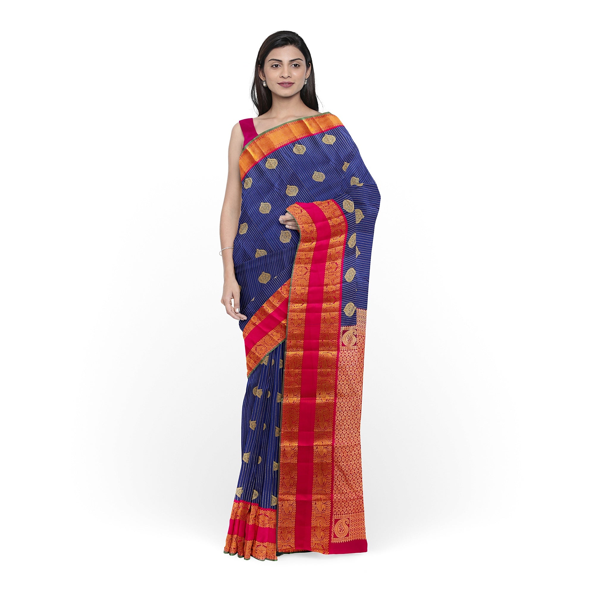 Ink Blue Kanjivaram Silk Saree with Pink Zari Border – Handwoven Bridal Elegance Online - New Sudarshan Silks`