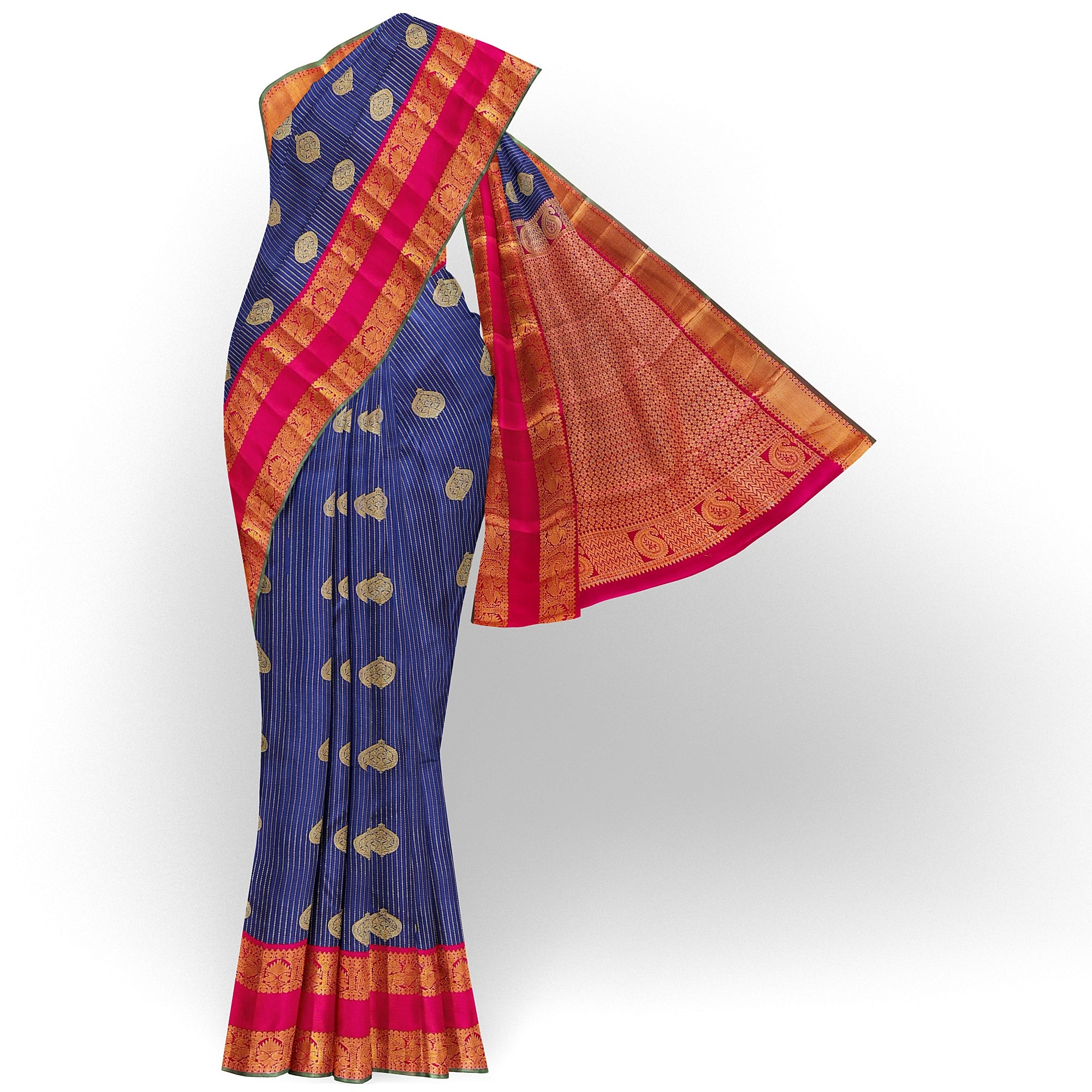 Ink Blue Kanjivaram Silk Saree with Pink Zari Border – Handwoven Bridal Elegance Online - New Sudarshan Silks`
