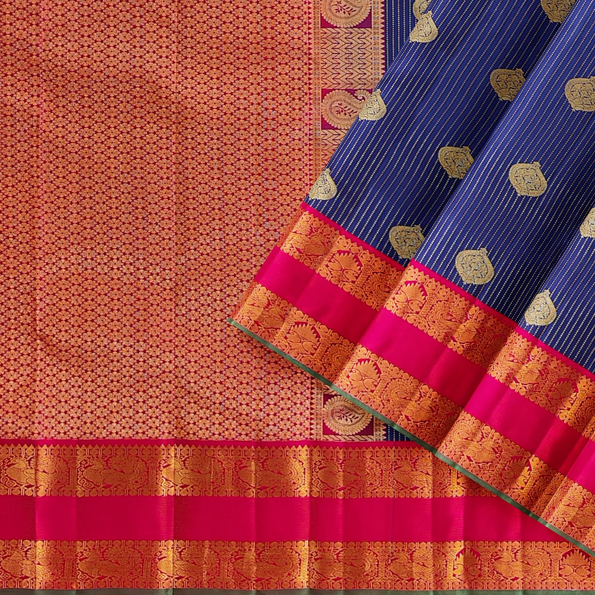 Ink Blue Kanjivaram Silk Saree with Pink Zari Border – Handwoven Bridal Elegance Online - New Sudarshan Silks`