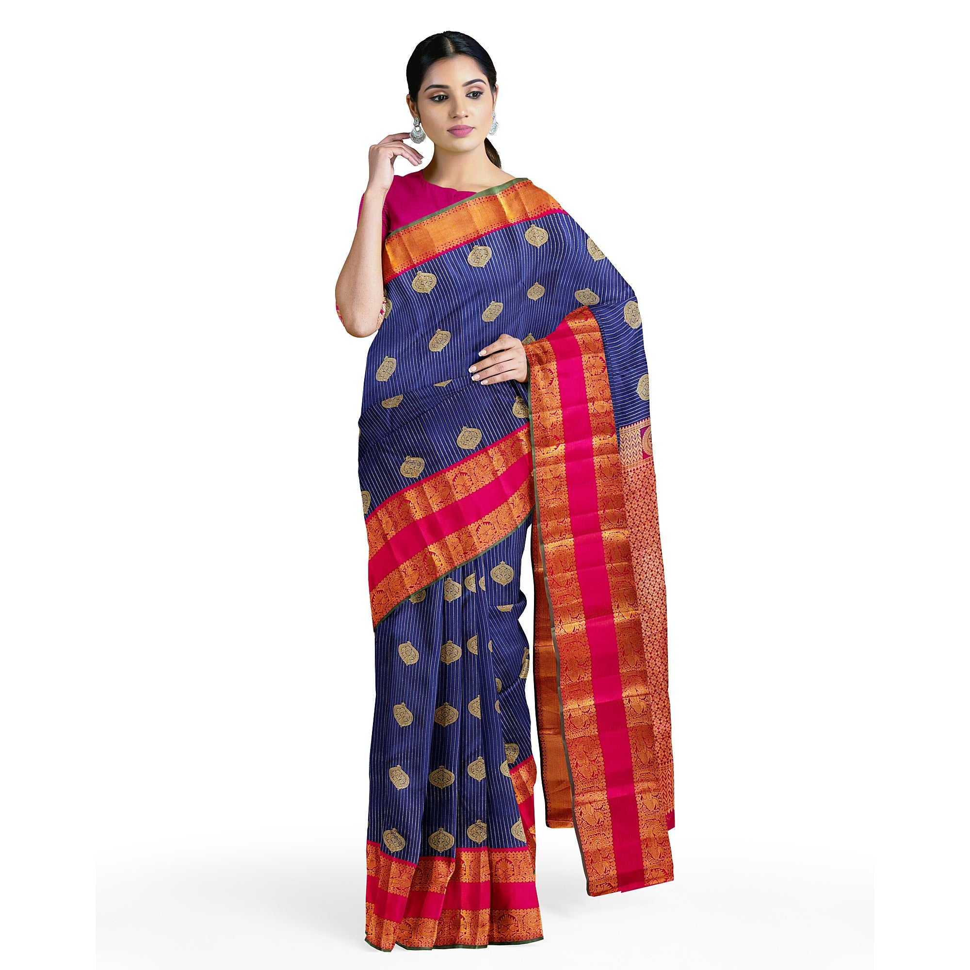 Ink Blue Kanjivaram Silk Saree with Pink Zari Border – Handwoven Bridal Elegance Online - New Sudarshan Silks`
