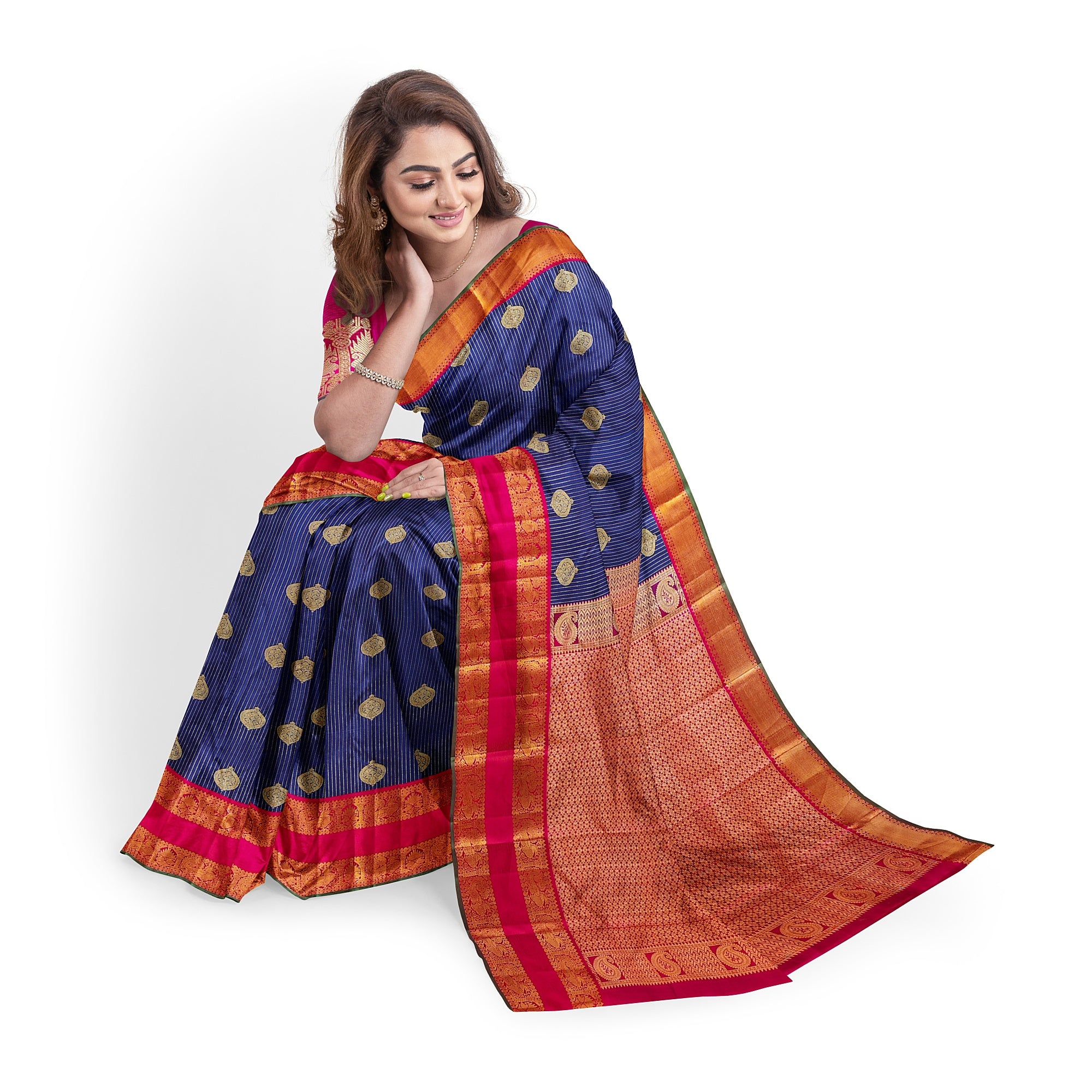 Ink Blue Kanjivaram Silk Saree with Pink Zari Border – Handwoven Bridal Elegance Online - New Sudarshan Silks`
