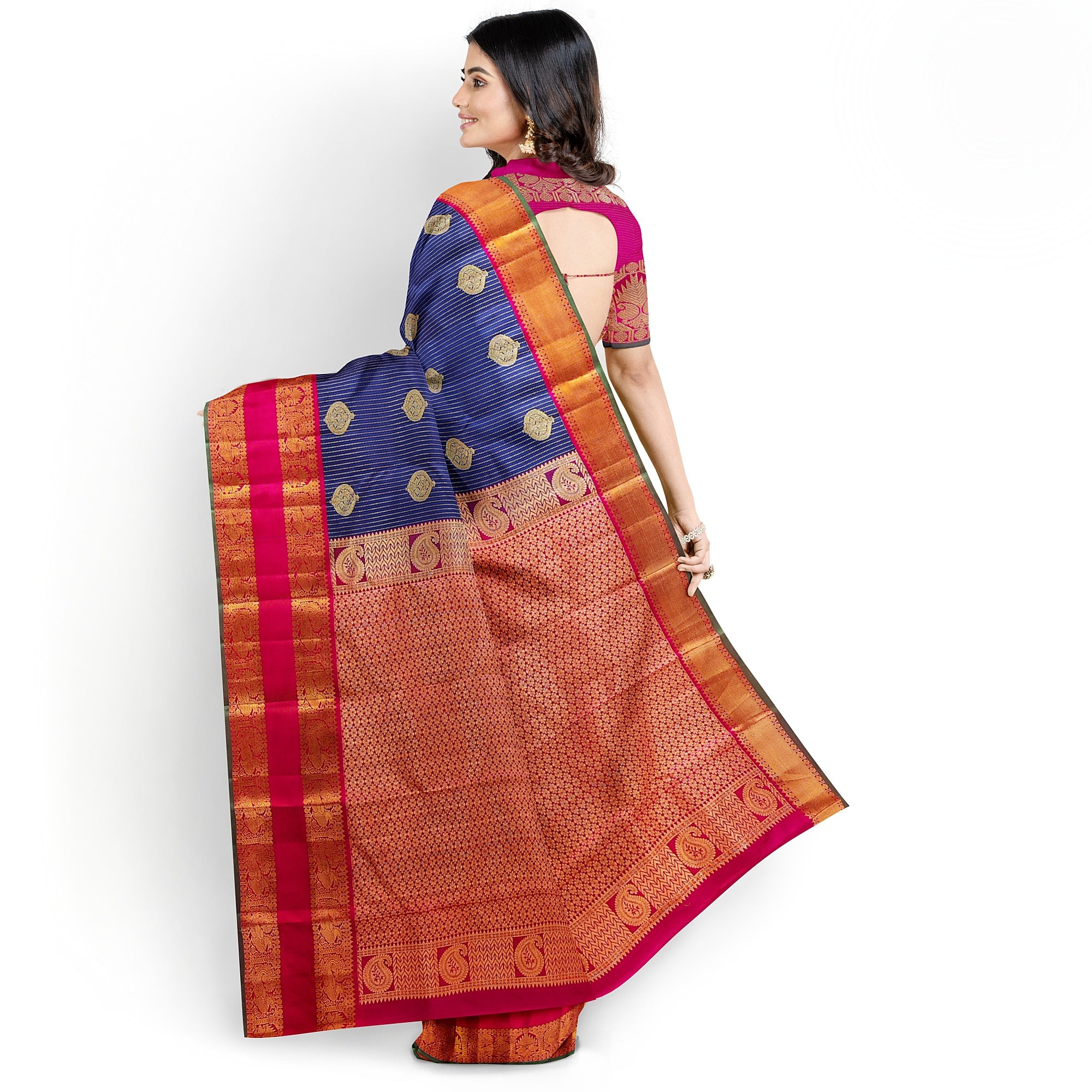 Ink Blue Kanjivaram Silk Saree with Pink Zari Border – Handwoven Bridal Elegance Online - New Sudarshan Silks`