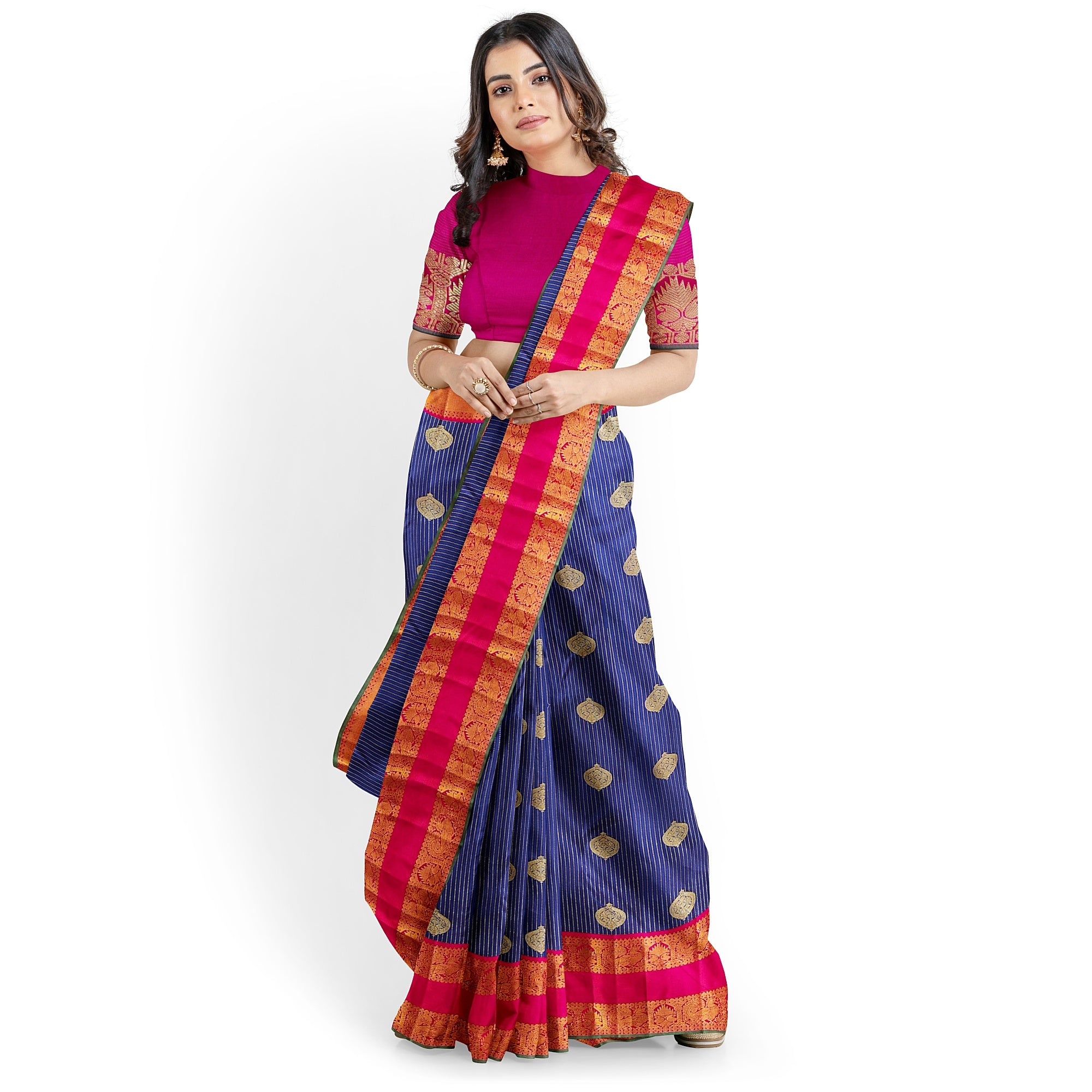 Ink Blue Kanjivaram Silk Saree with Pink Zari Border – Handwoven Bridal Elegance Online - New Sudarshan Silks`