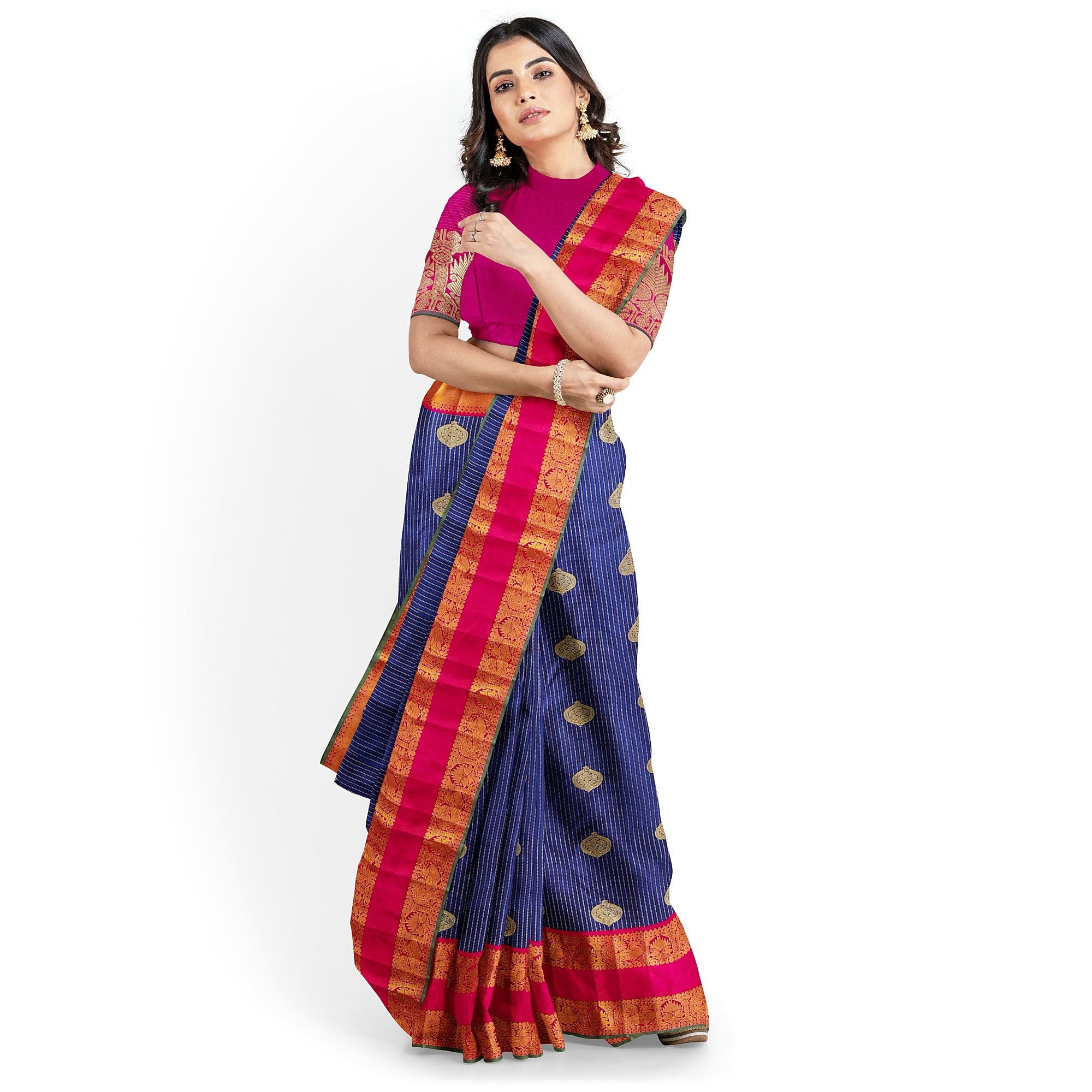 Ink Blue Kanjivaram Silk Saree with Pink Zari Border – Handwoven Bridal Elegance Online - New Sudarshan Silks`