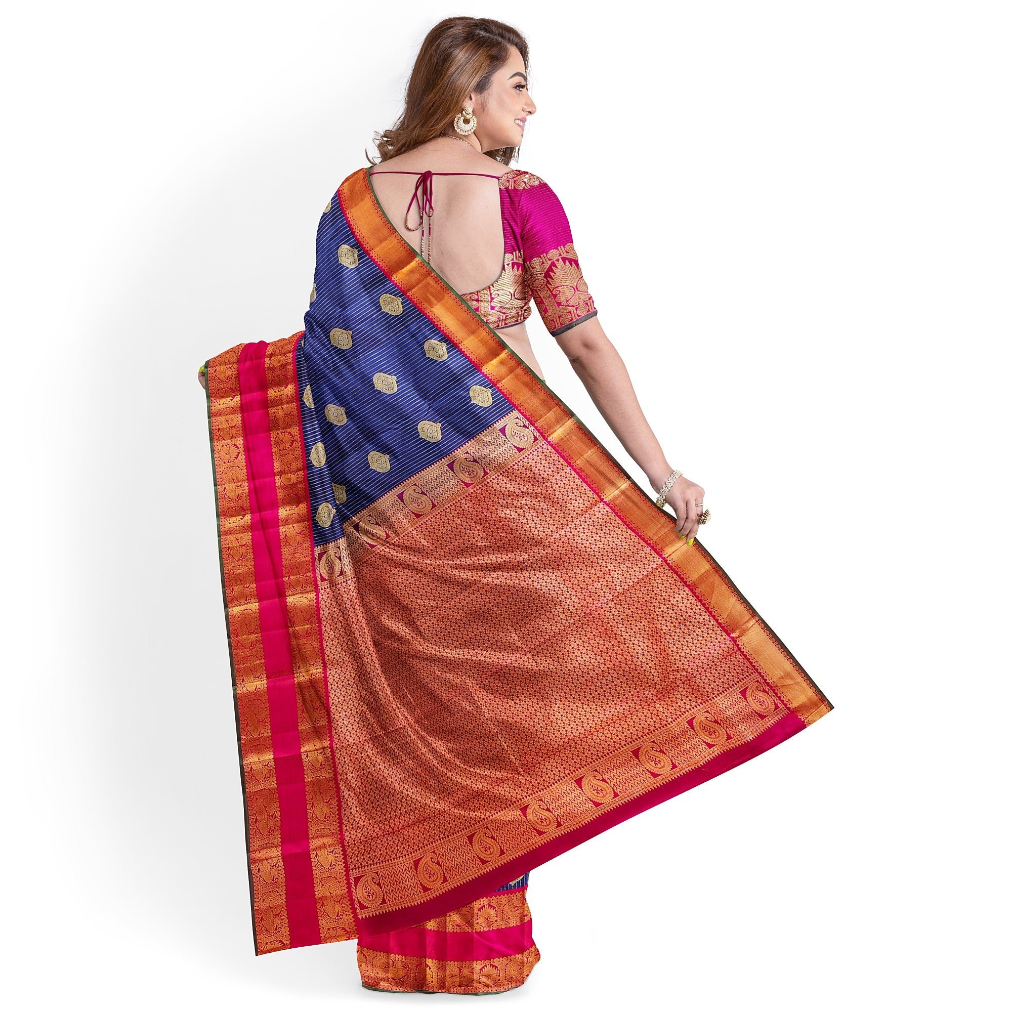 Ink Blue Kanjivaram Silk Saree with Pink Zari Border – Handwoven Bridal Elegance Online - New Sudarshan Silks`