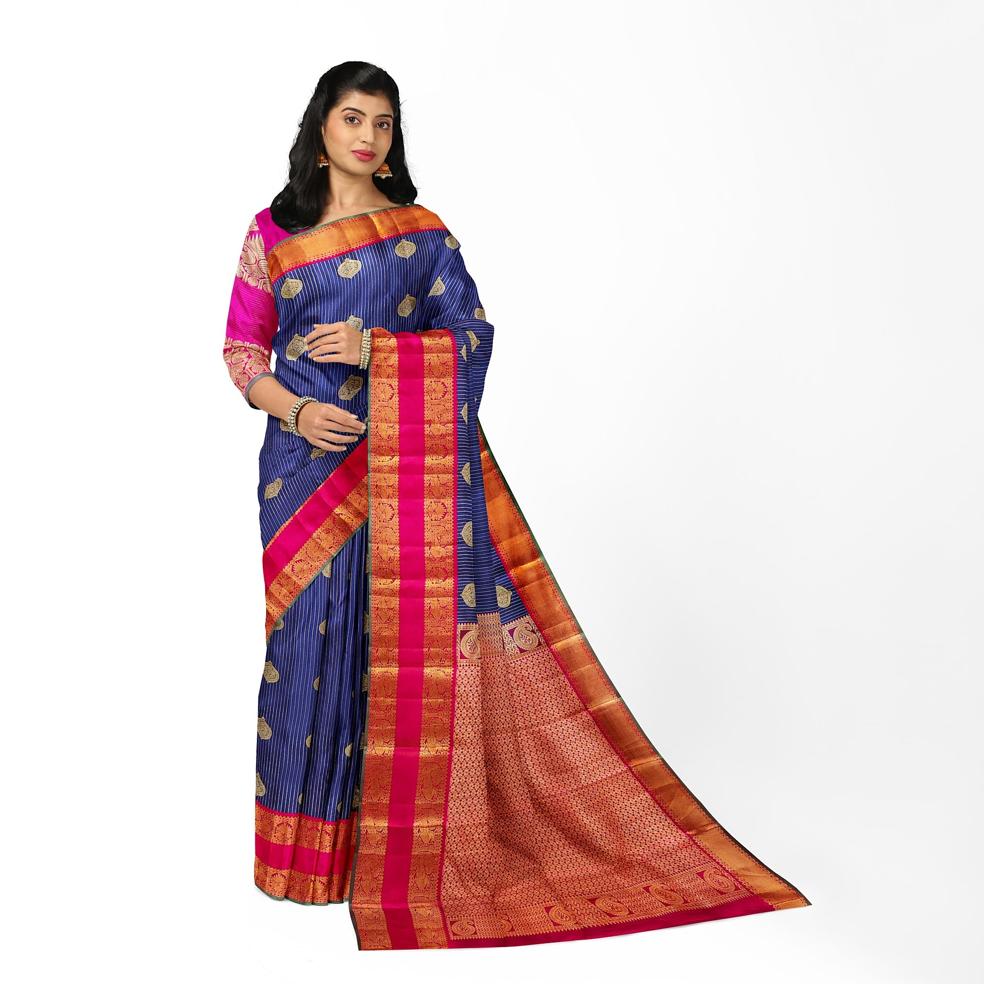 Ink Blue Kanjivaram Silk Saree with Pink Zari Border – Handwoven Bridal Elegance Online - New Sudarshan Silks`