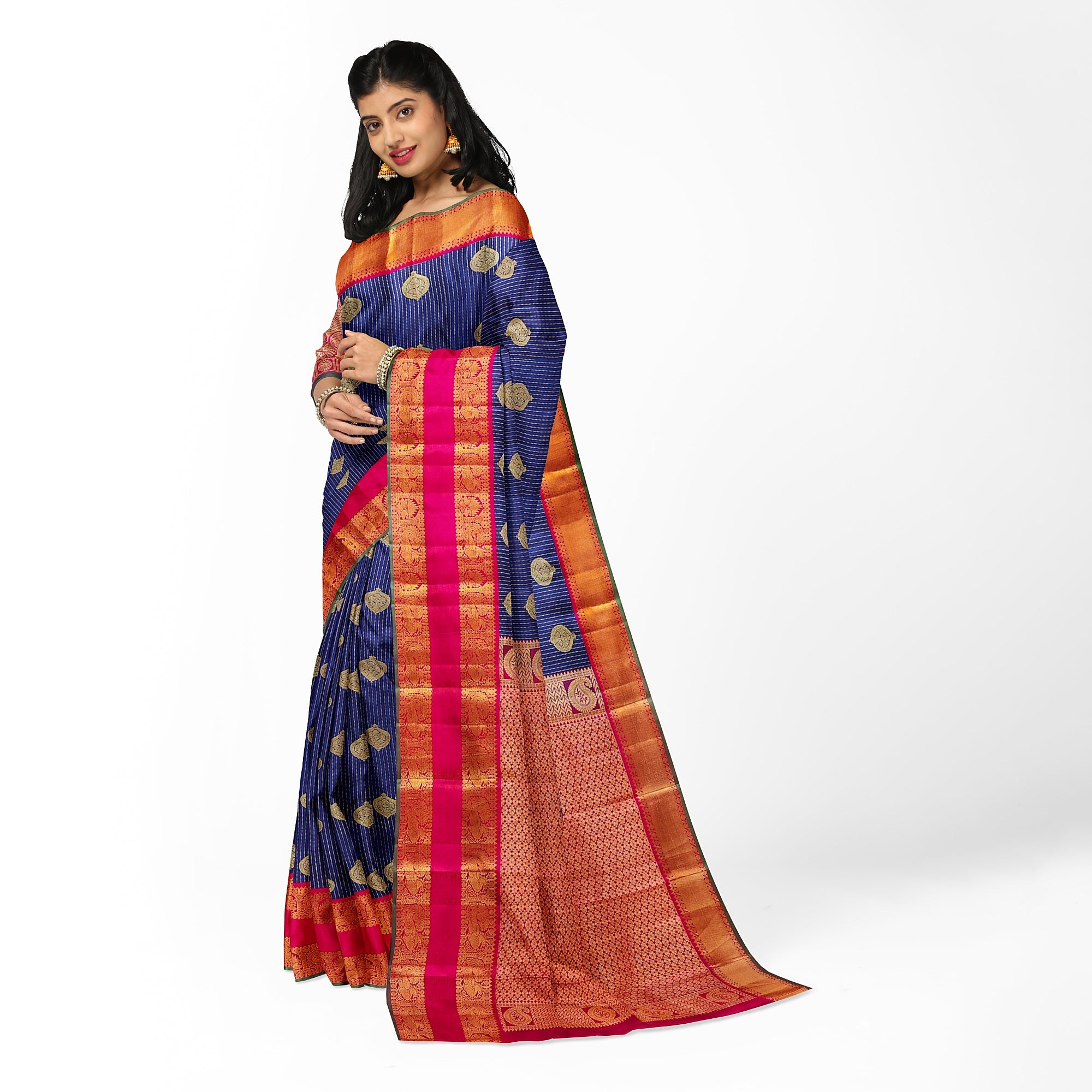 Ink Blue Kanjivaram Silk Saree with Pink Zari Border – Handwoven Bridal Elegance Online - New Sudarshan Silks`