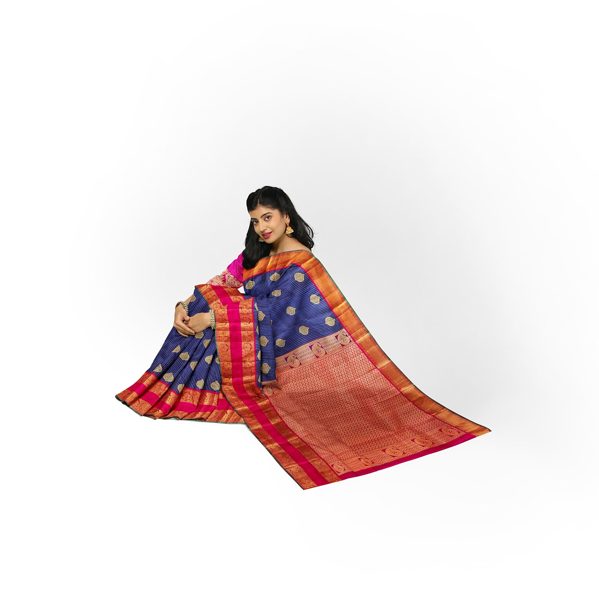 Ink Blue Kanjivaram Silk Saree with Pink Zari Border – Handwoven Bridal Elegance Online - New Sudarshan Silks`