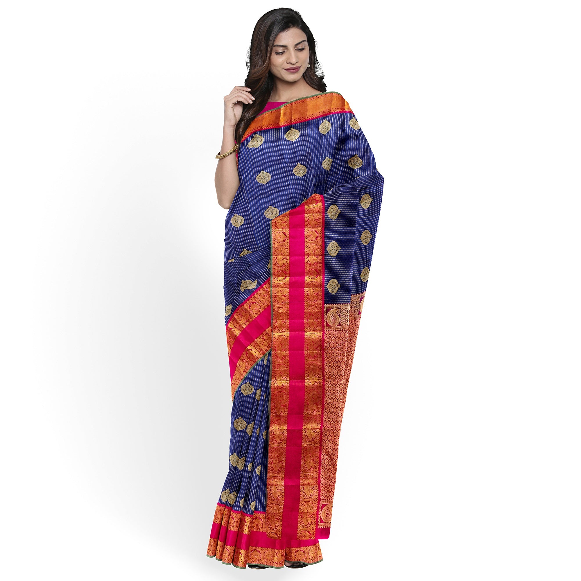 Ink Blue Kanjivaram Silk Saree with Pink Zari Border – Handwoven Bridal Elegance Online - New Sudarshan Silks`