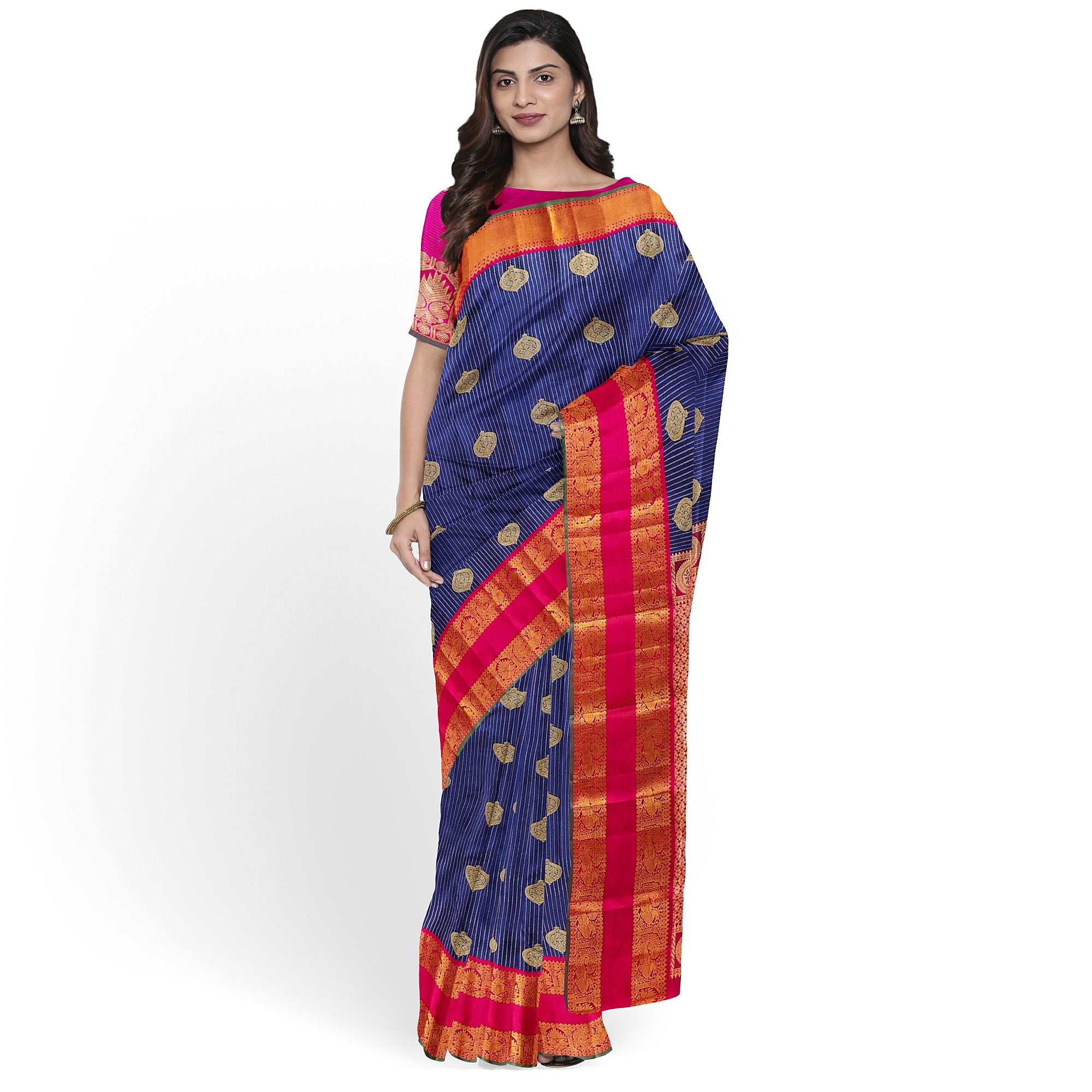 Ink Blue Kanjivaram Silk Saree with Pink Zari Border – Handwoven Bridal Elegance Online - New Sudarshan Silks`