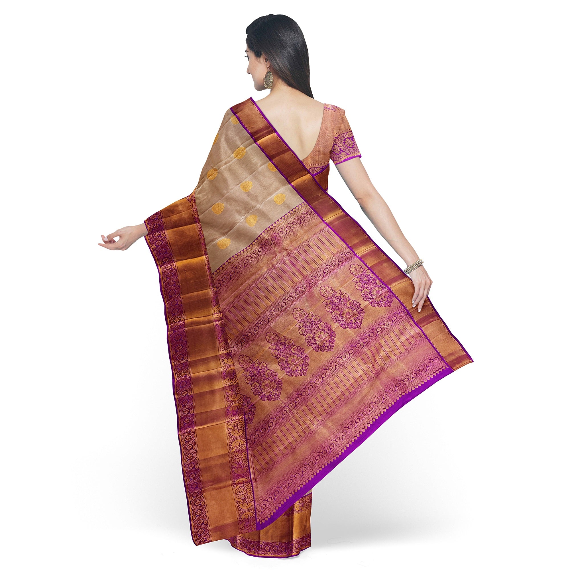 Peach Kanjivaram Silk Saree with Pink Zari Border – Pure Handloom Bridal Saree Online - New Sudarshan Silks`