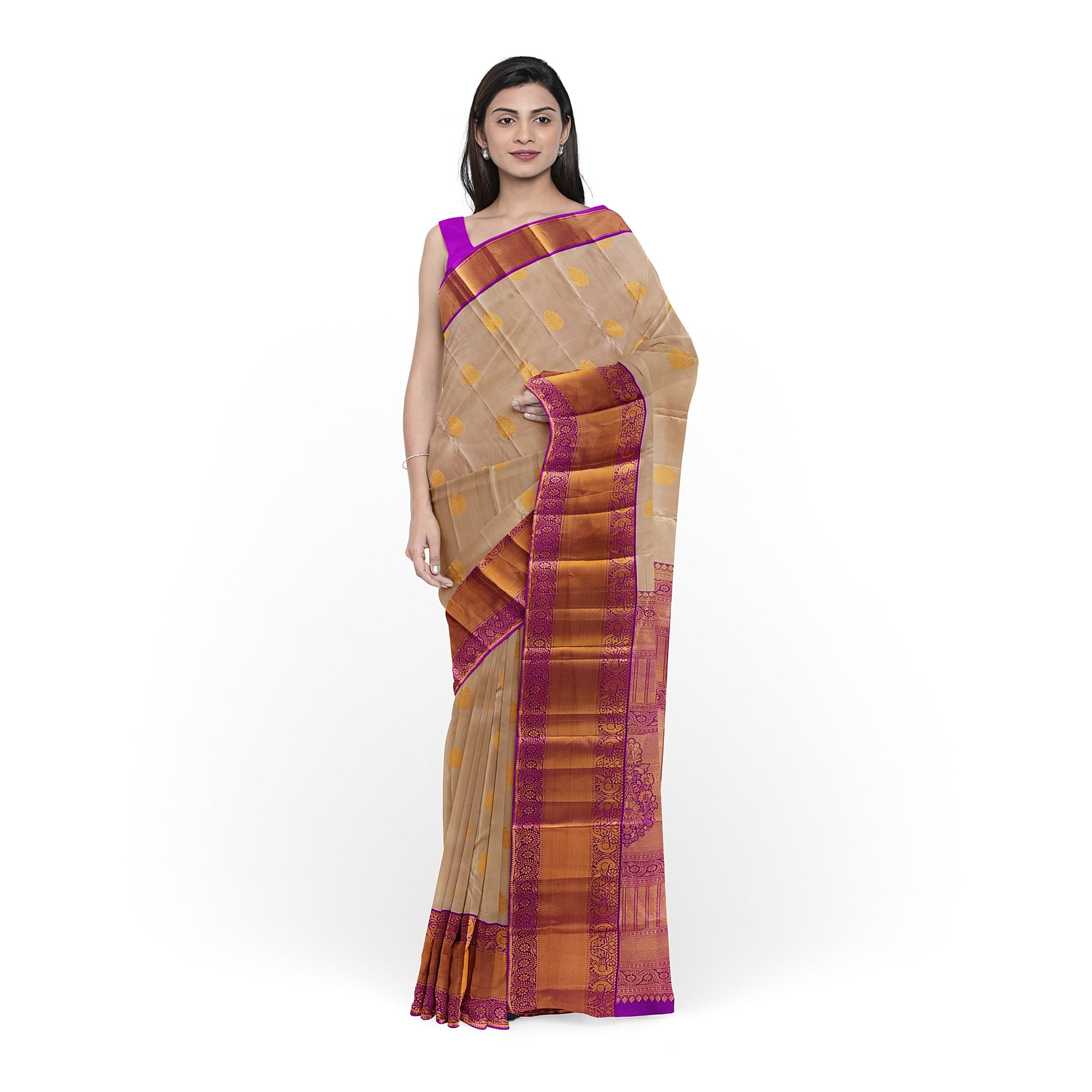 Peach Kanjivaram Silk Saree with Pink Zari Border – Pure Handloom Bridal Saree Online - New Sudarshan Silks`