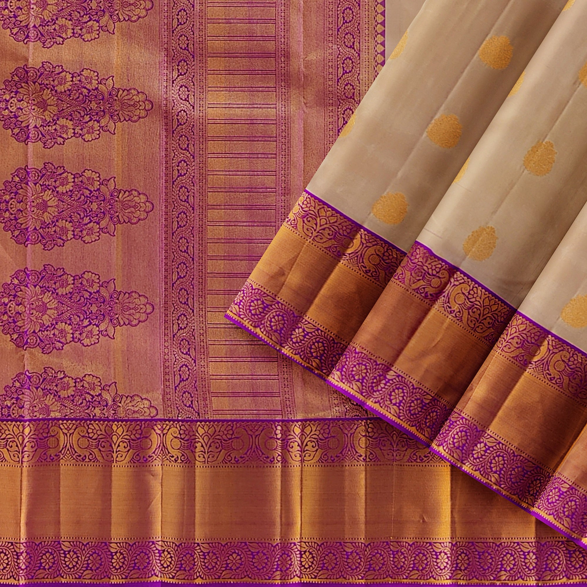 Peach Kanjivaram Silk Saree with Pink Zari Border – Pure Handloom Bridal Saree Online - New Sudarshan Silks`