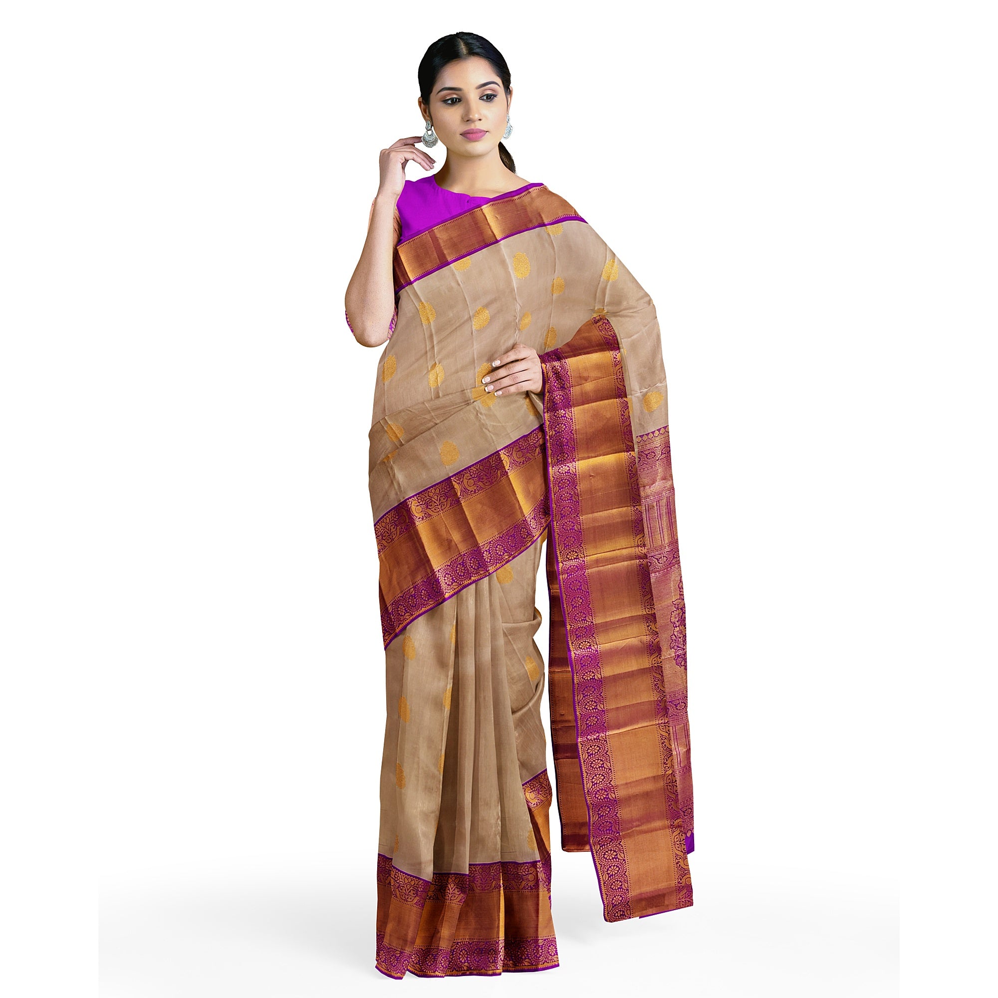 Peach Kanjivaram Silk Saree with Pink Zari Border – Pure Handloom Bridal Saree Online - New Sudarshan Silks`
