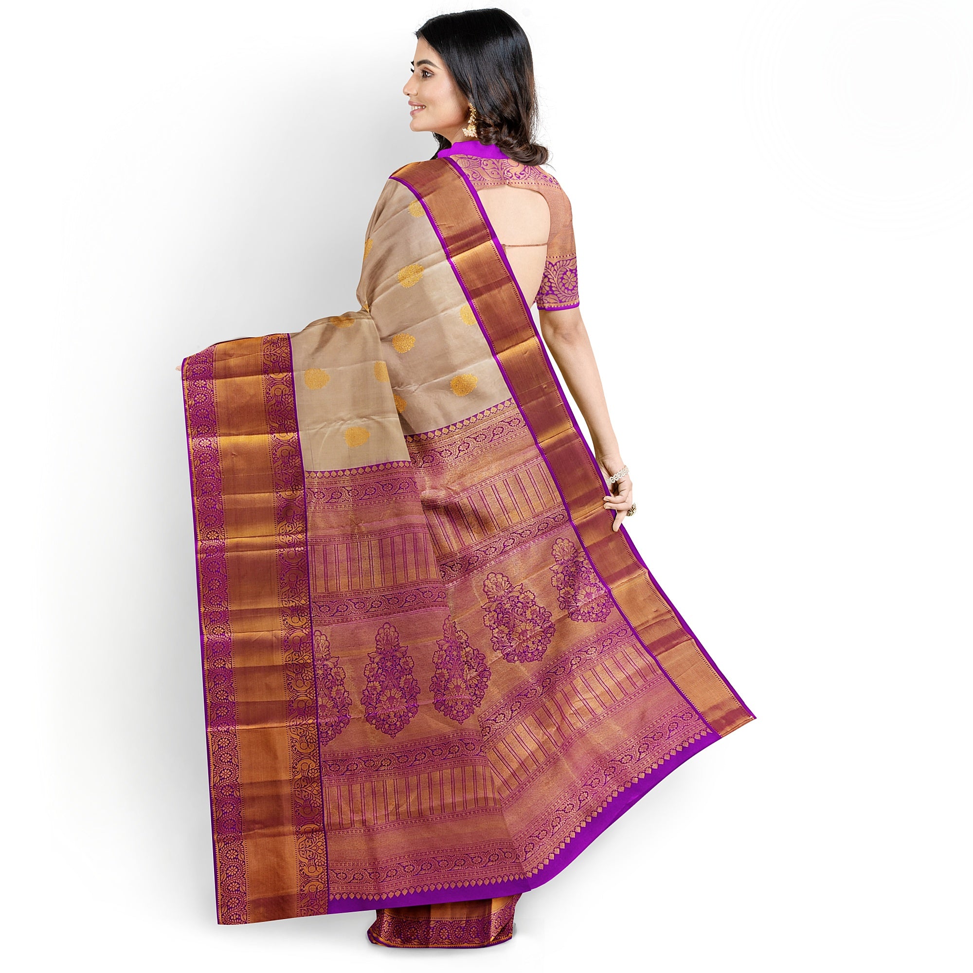 Peach Kanjivaram Silk Saree with Pink Zari Border – Pure Handloom Bridal Saree Online - New Sudarshan Silks`