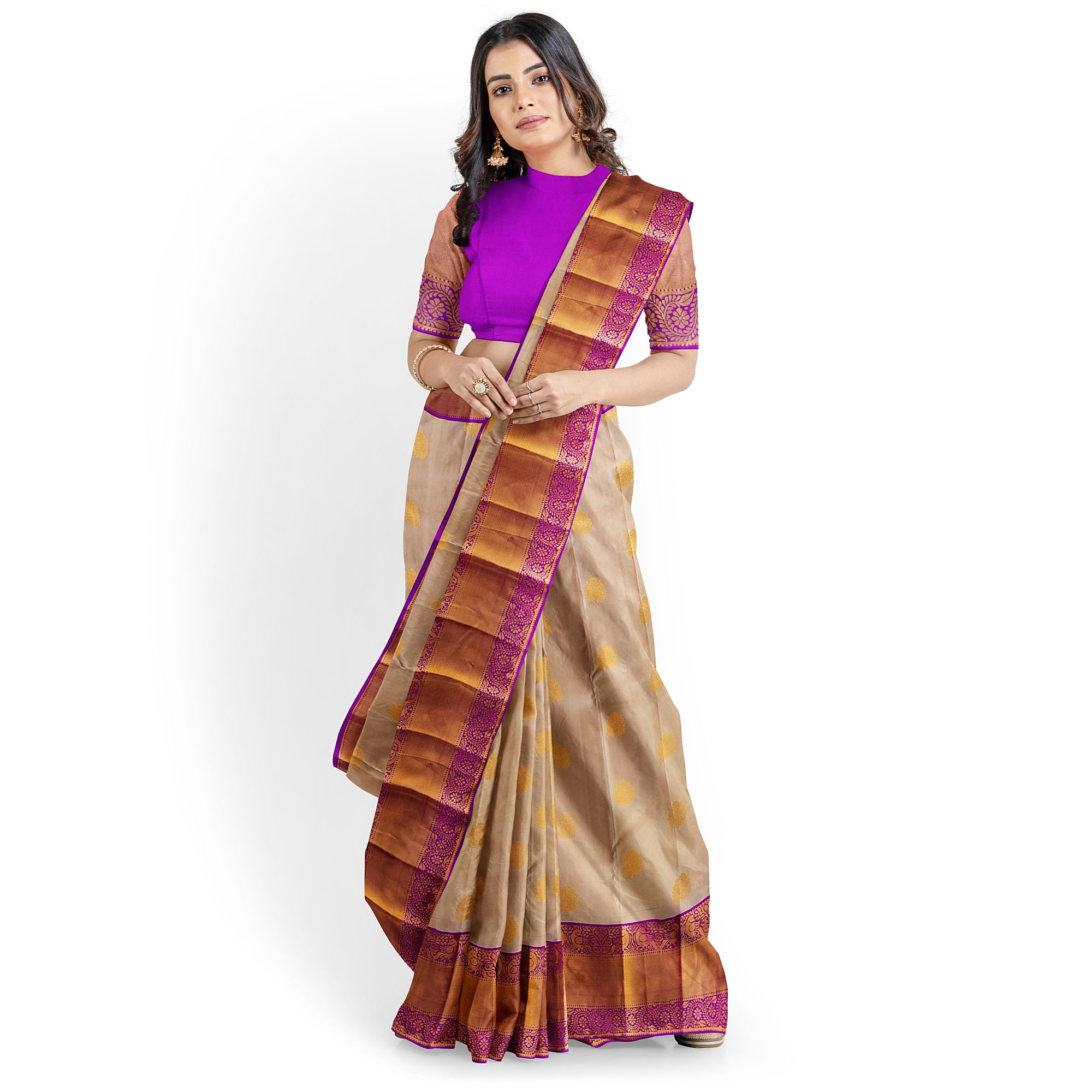 Peach Kanjivaram Silk Saree with Pink Zari Border – Pure Handloom Bridal Saree Online - New Sudarshan Silks`