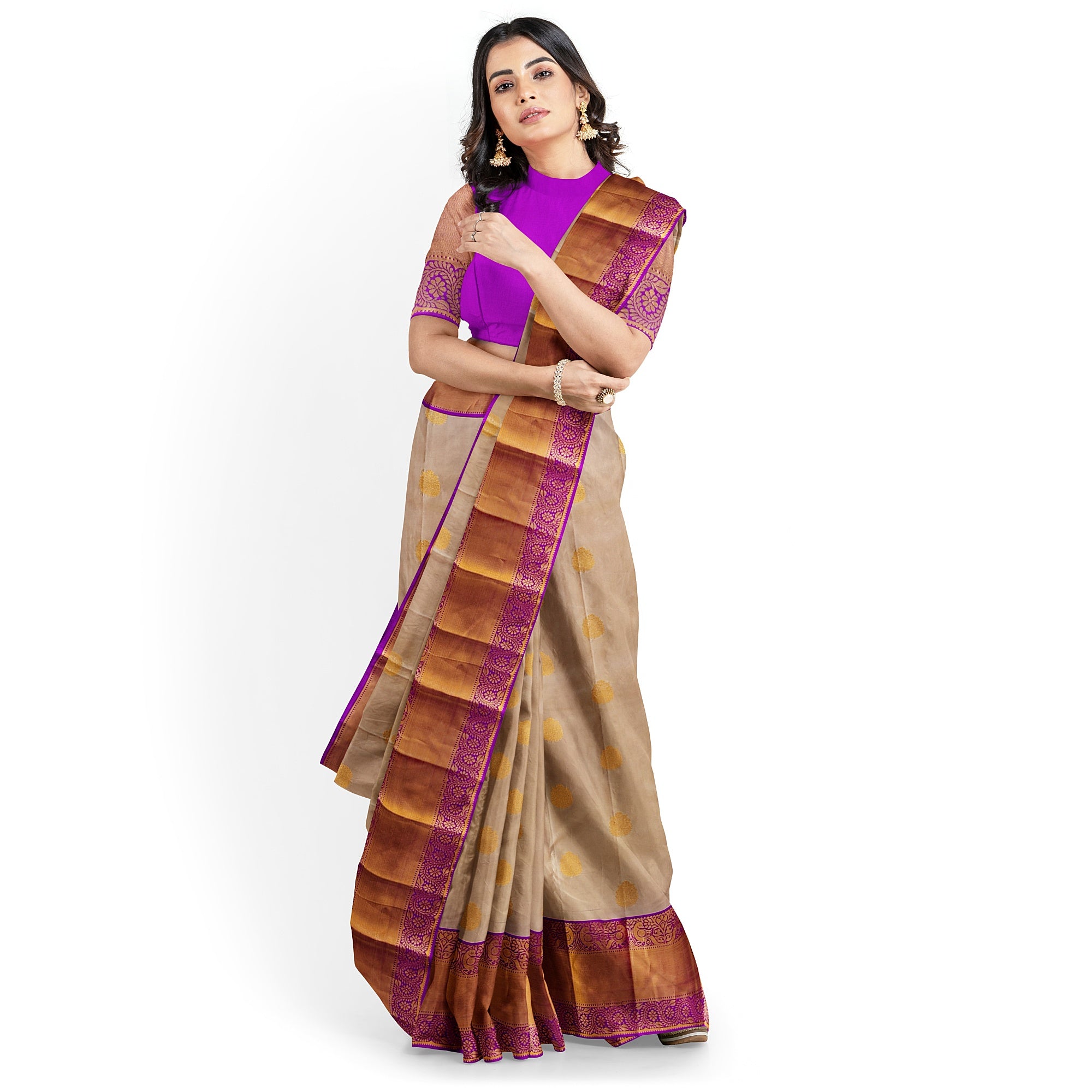 Peach Kanjivaram Silk Saree with Pink Zari Border – Pure Handloom Bridal Saree Online - New Sudarshan Silks`