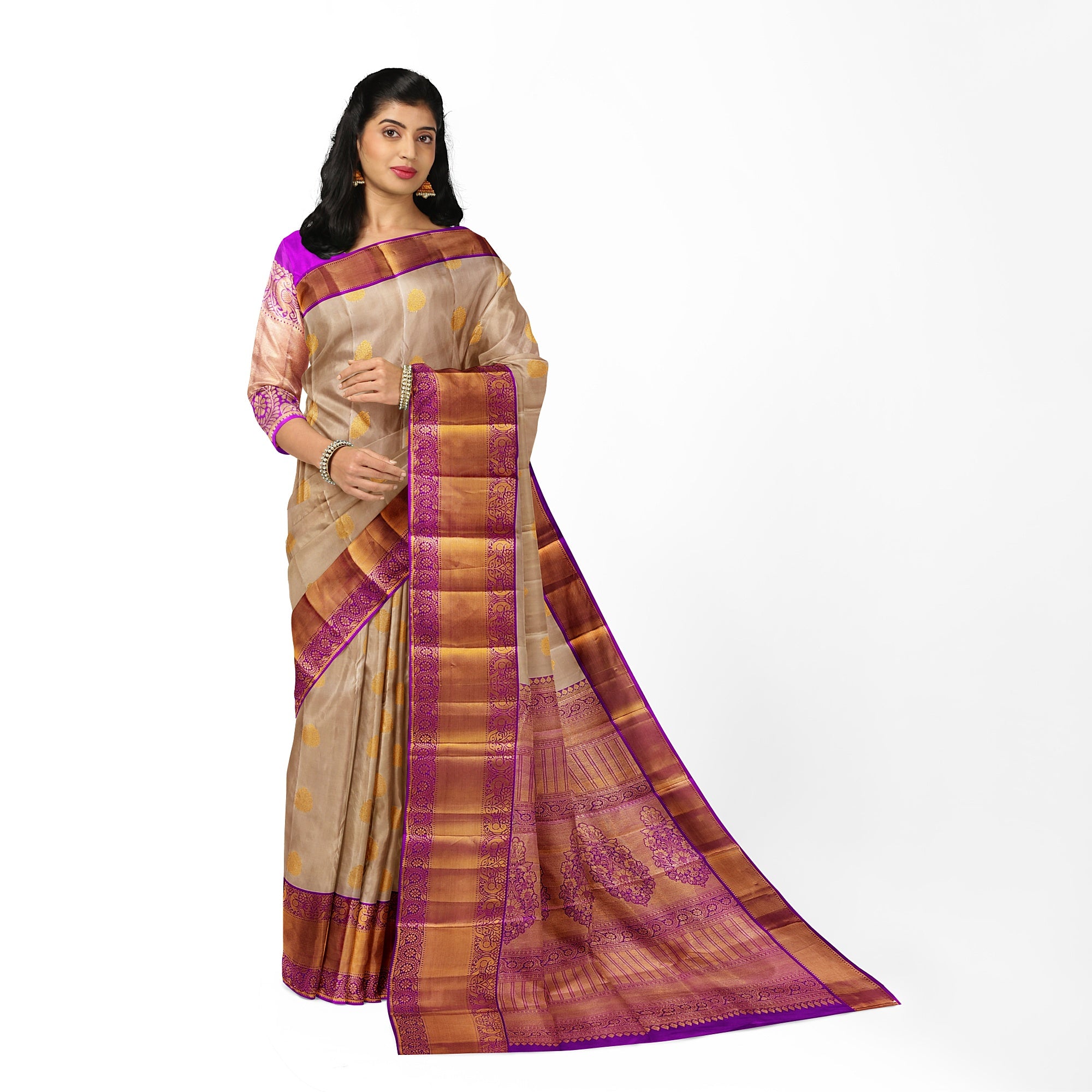 Peach Kanjivaram Silk Saree with Pink Zari Border – Pure Handloom Bridal Saree Online - New Sudarshan Silks`