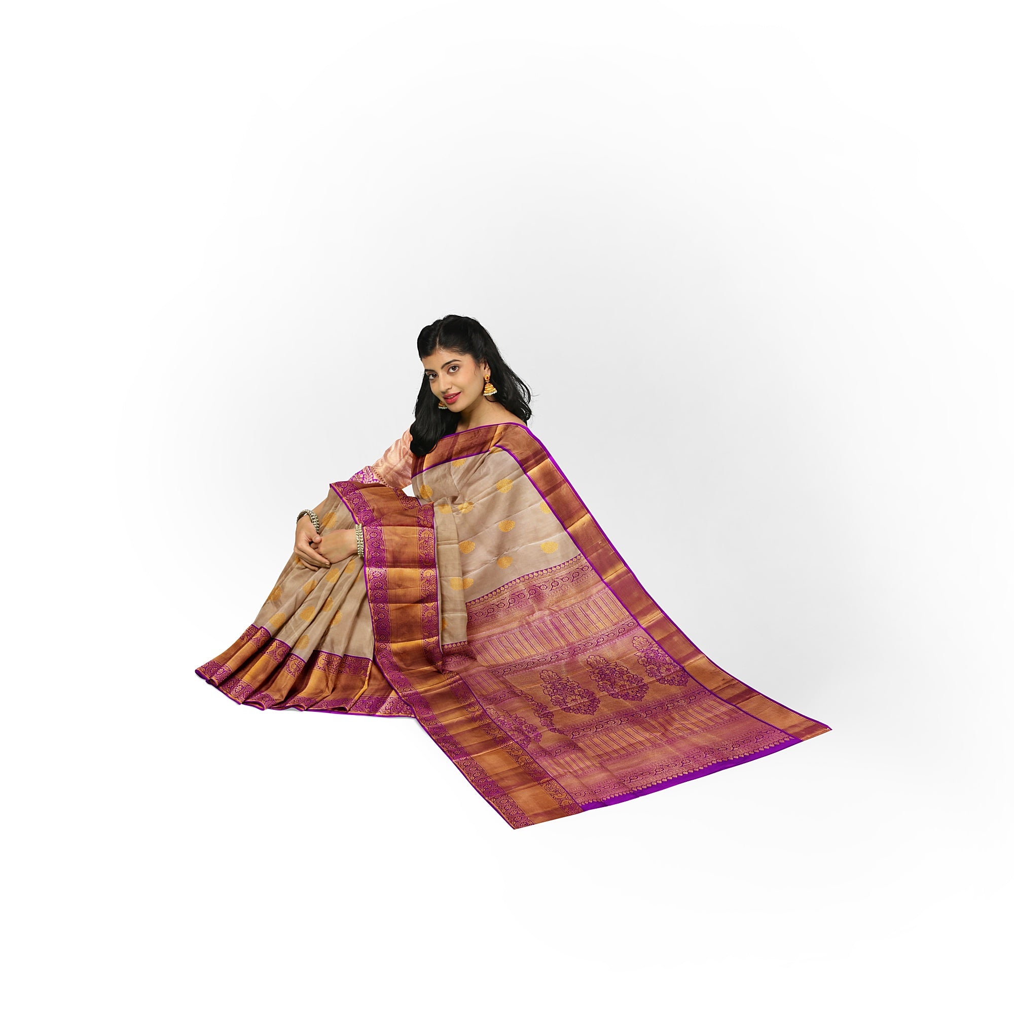 Peach Kanjivaram Silk Saree with Pink Zari Border – Pure Handloom Bridal Saree Online - New Sudarshan Silks`