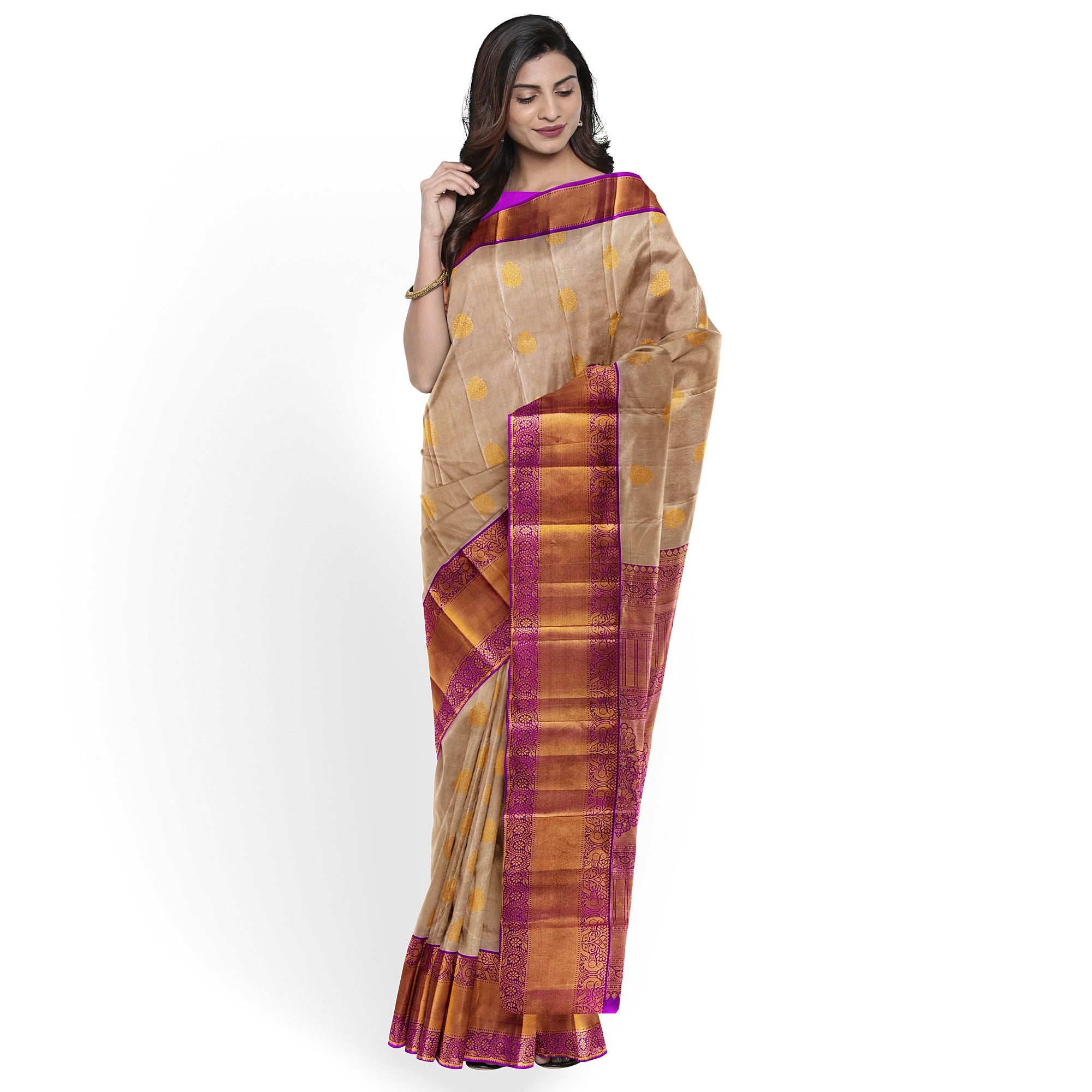 Peach Kanjivaram Silk Saree with Pink Zari Border – Pure Handloom Bridal Saree Online - New Sudarshan Silks`