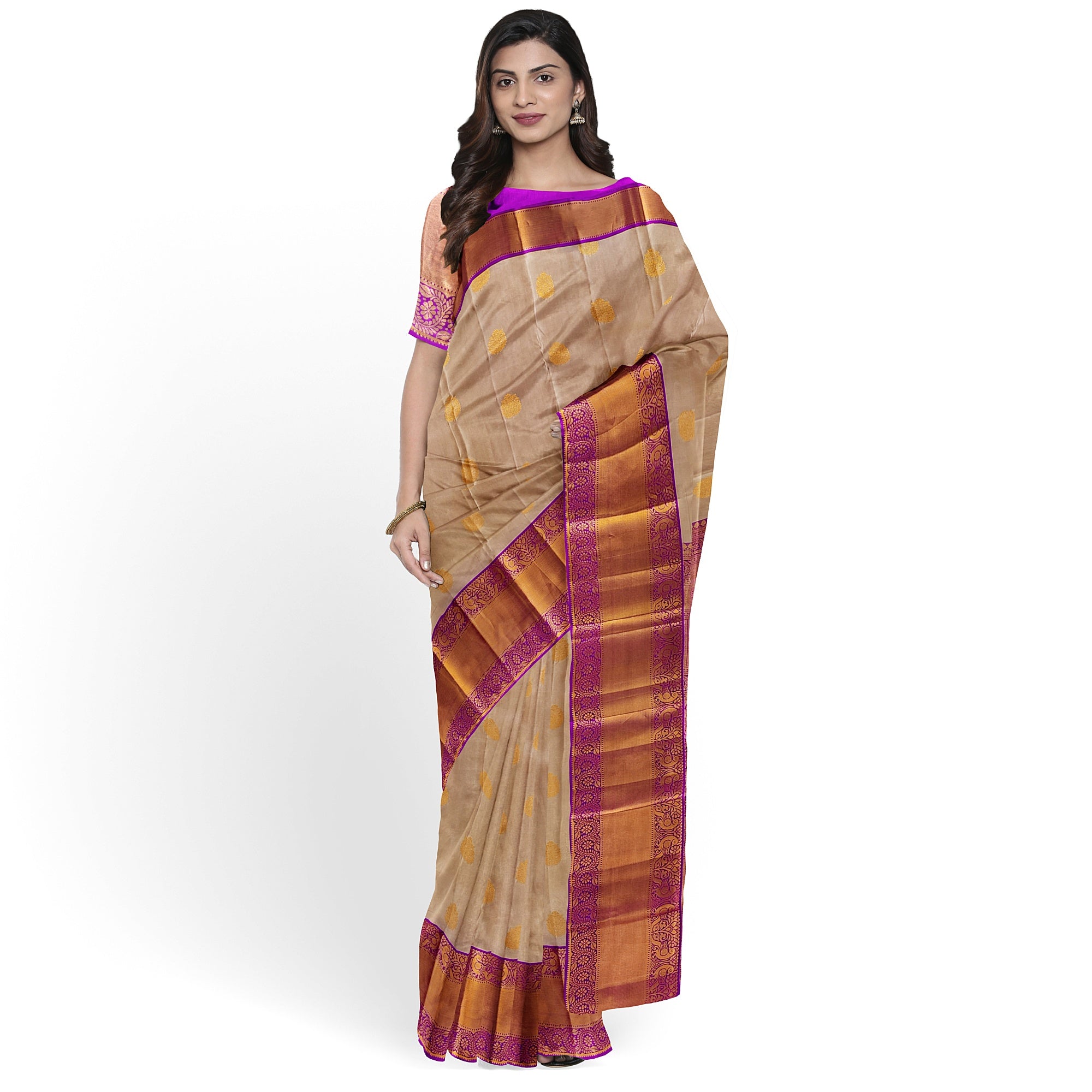 Peach Kanjivaram Silk Saree with Pink Zari Border – Pure Handloom Bridal Saree Online - New Sudarshan Silks`
