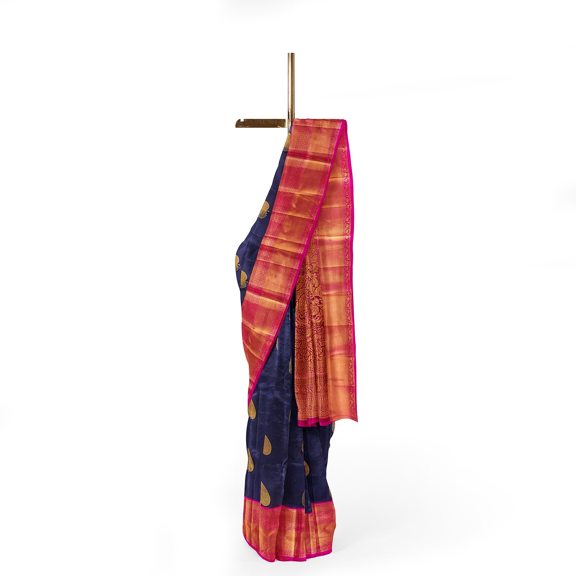 Ink Blue Kanjivaram Silk Saree with Pink Zari Border – Pure Handloom Bridal Saree Online - New Sudarshan Silks`