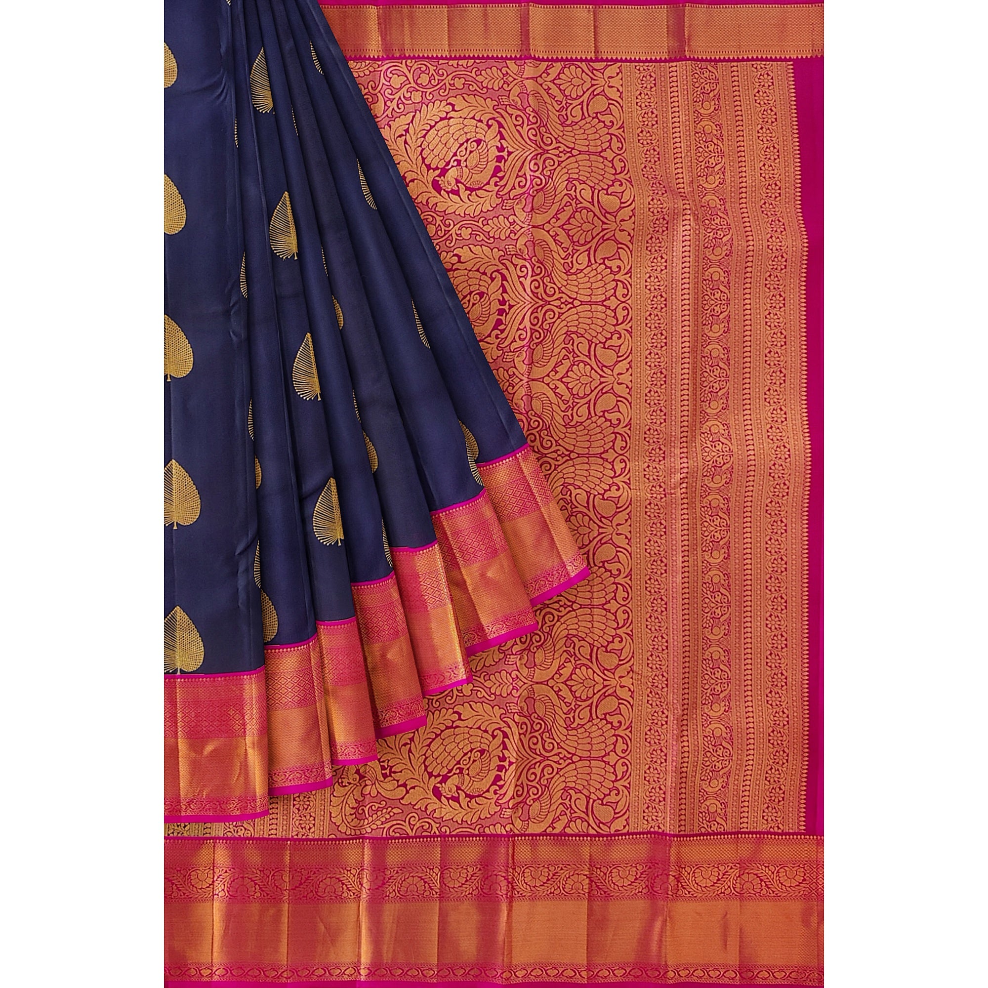 Ink Blue Kanjivaram Silk Saree with Pink Zari Border – Pure Handloom Bridal Saree Online - New Sudarshan Silks`