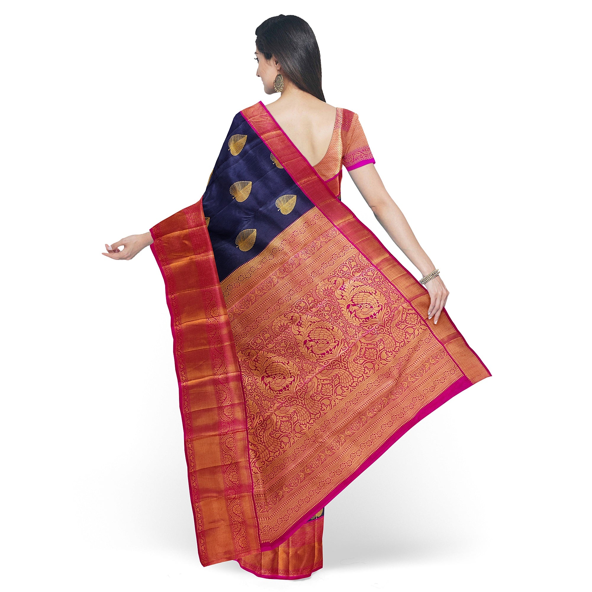 Ink Blue Kanjivaram Silk Saree with Pink Zari Border – Pure Handloom Bridal Saree Online - New Sudarshan Silks`