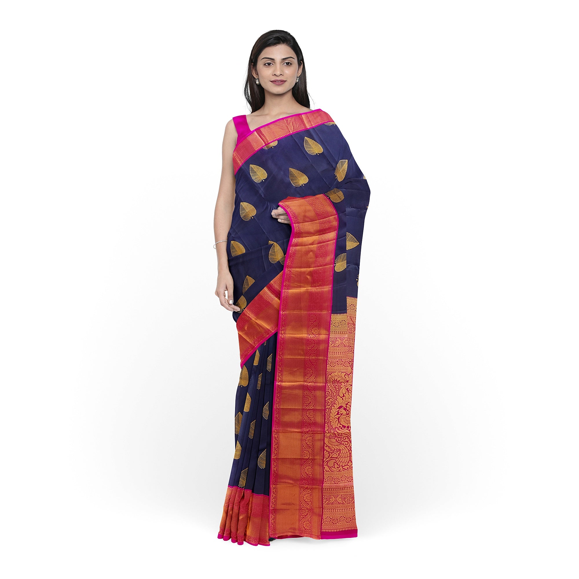Ink Blue Kanjivaram Silk Saree with Pink Zari Border – Pure Handloom Bridal Saree Online - New Sudarshan Silks`
