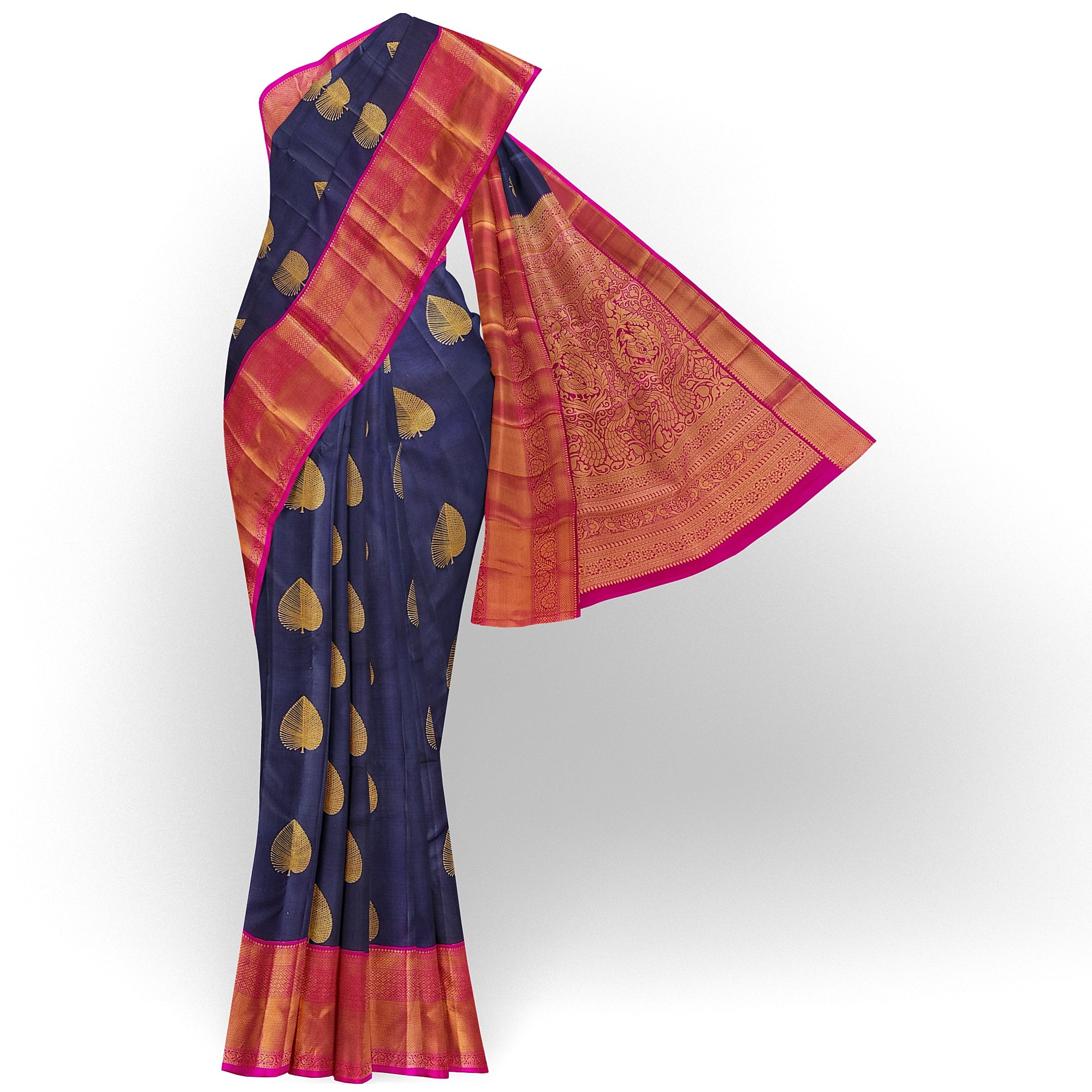 Ink Blue Kanjivaram Silk Saree with Pink Zari Border – Pure Handloom Bridal Saree Online - New Sudarshan Silks`