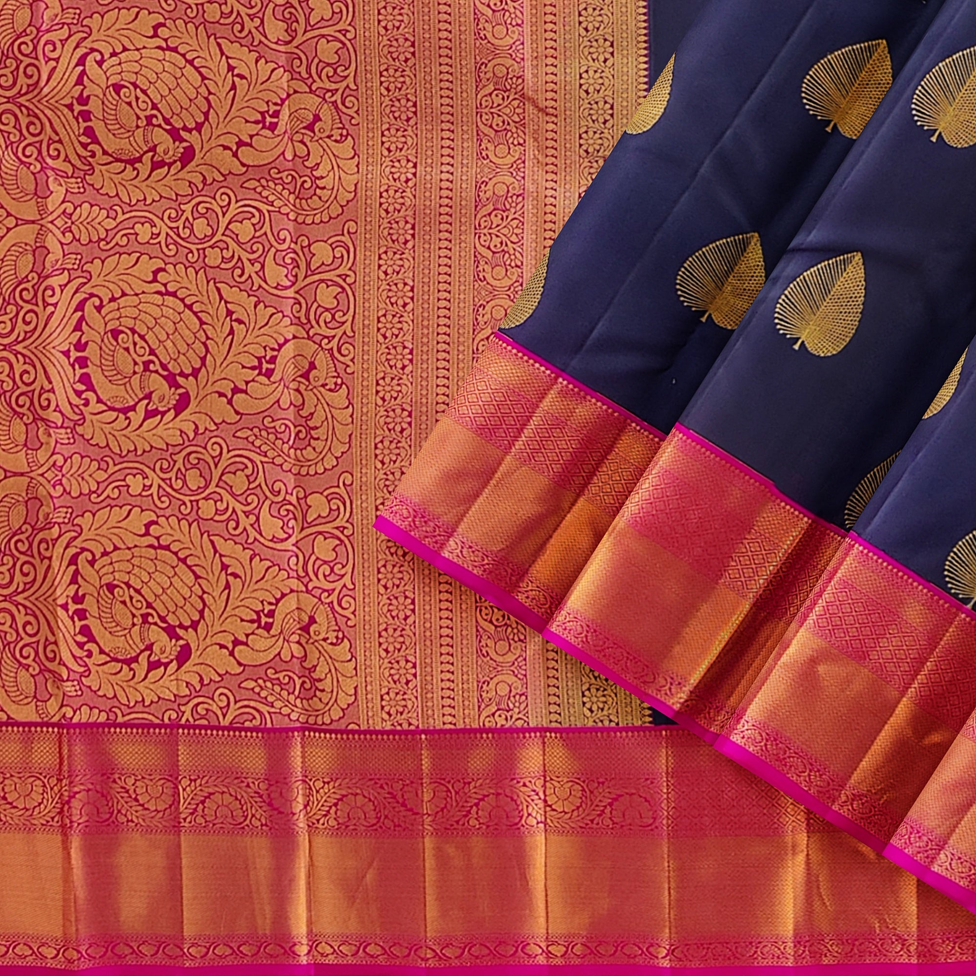 Ink Blue Kanjivaram Silk Saree with Pink Zari Border – Pure Handloom Bridal Saree Online - New Sudarshan Silks`