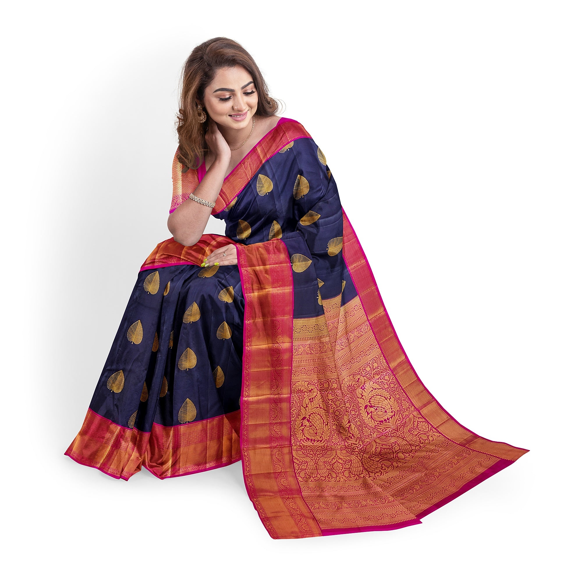 Ink Blue Kanjivaram Silk Saree with Pink Zari Border – Pure Handloom Bridal Saree Online - New Sudarshan Silks`