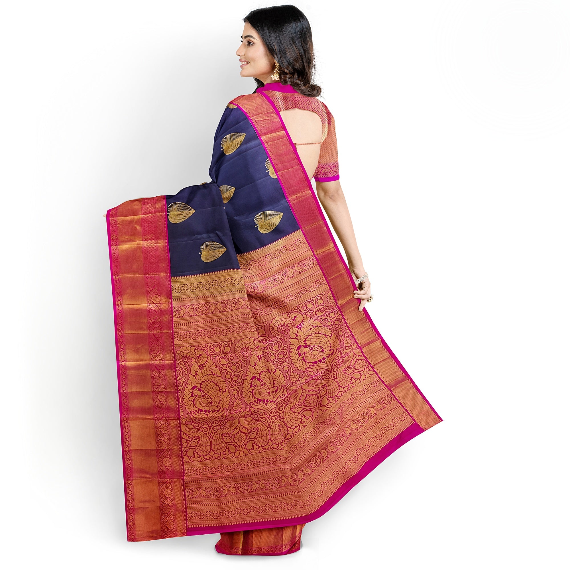 Ink Blue Kanjivaram Silk Saree with Pink Zari Border – Pure Handloom Bridal Saree Online - New Sudarshan Silks`