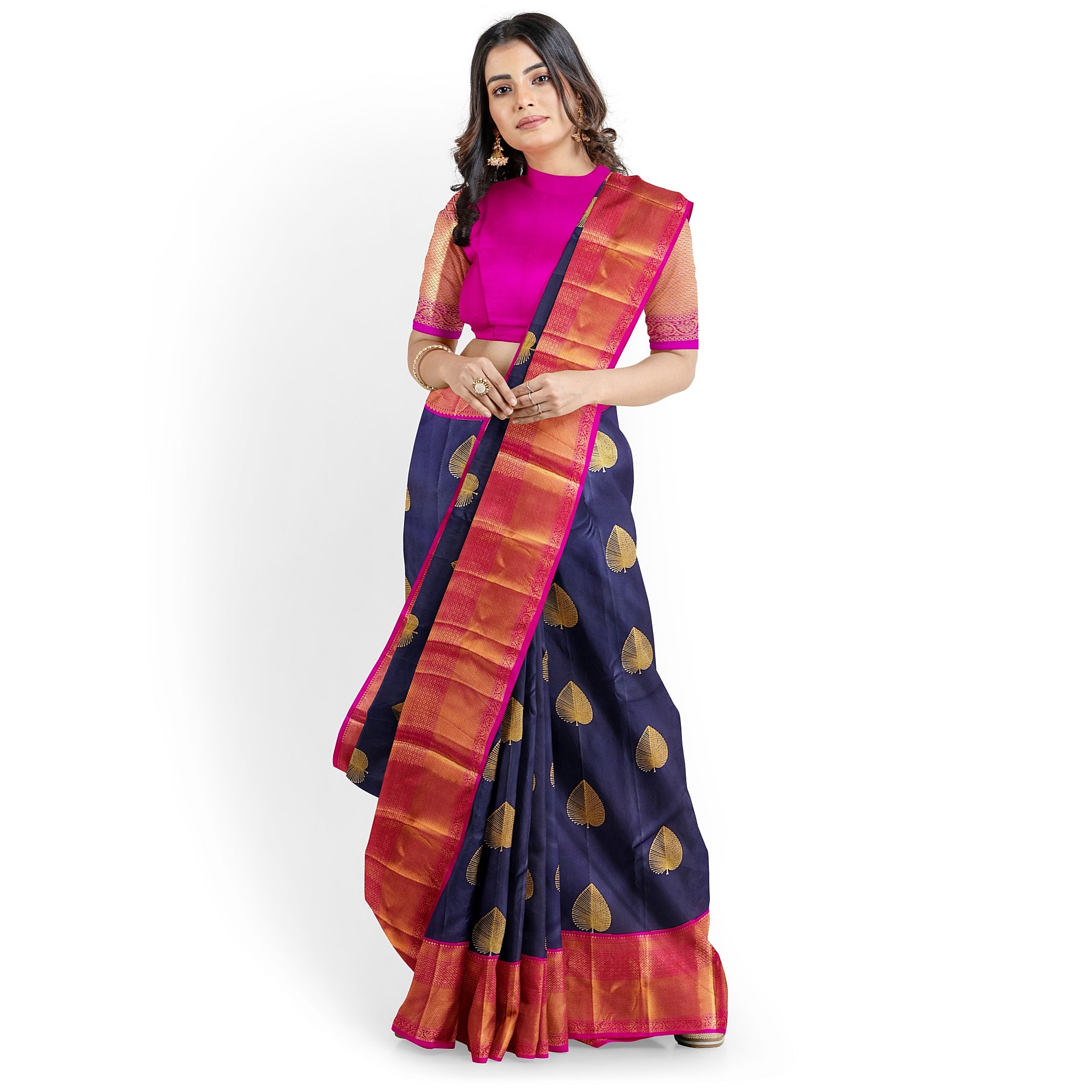Ink Blue Kanjivaram Silk Saree with Pink Zari Border – Pure Handloom Bridal Saree Online - New Sudarshan Silks`