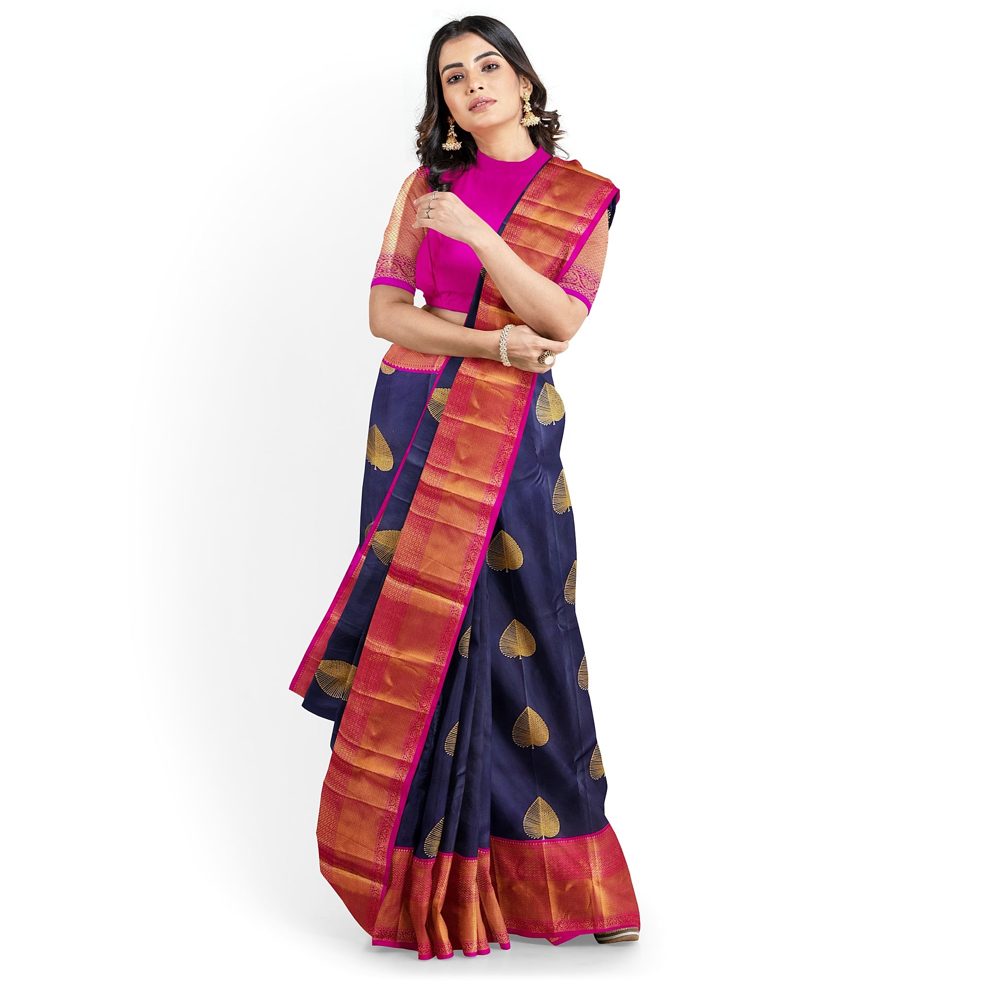 Ink Blue Kanjivaram Silk Saree with Pink Zari Border – Pure Handloom Bridal Saree Online - New Sudarshan Silks`