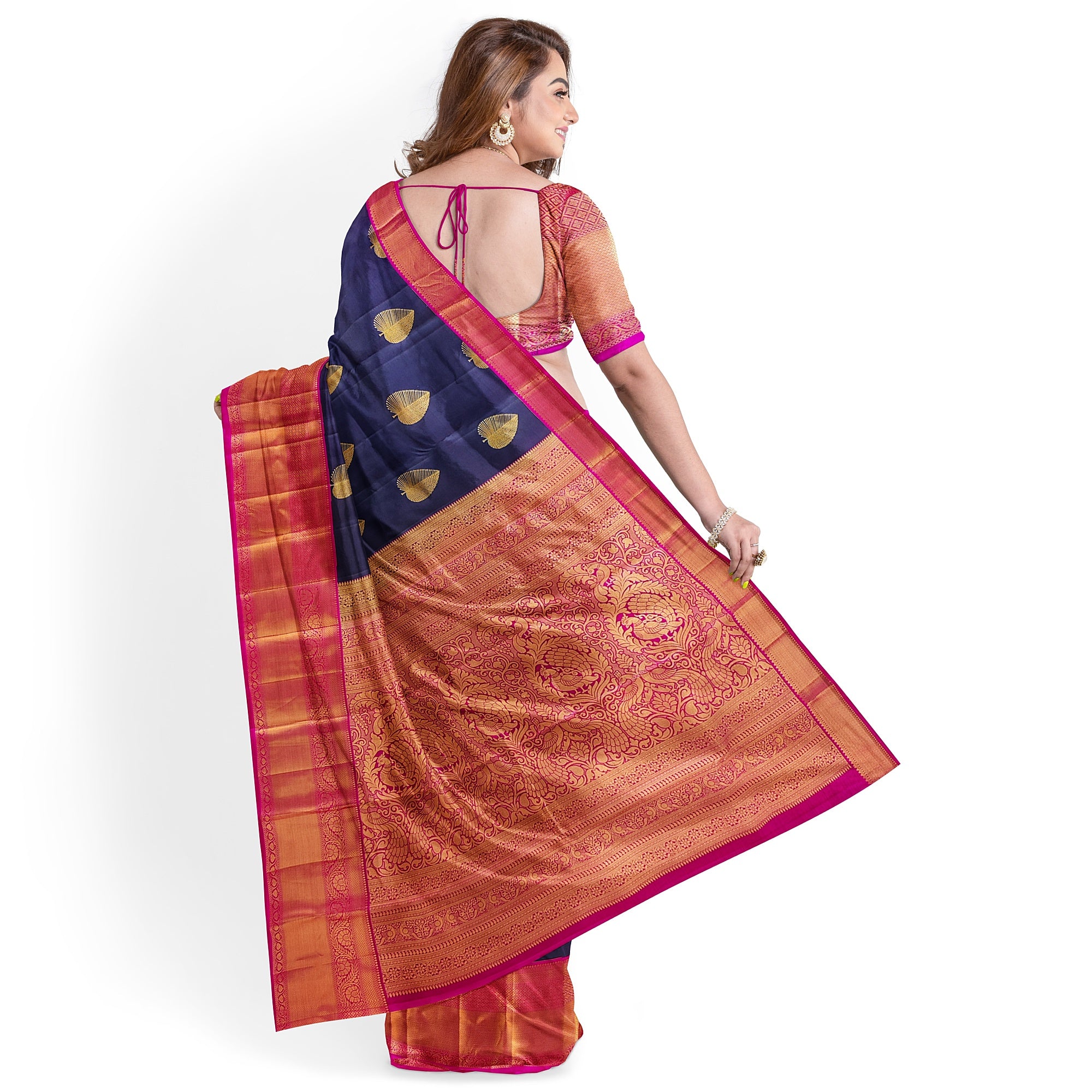 Ink Blue Kanjivaram Silk Saree with Pink Zari Border – Pure Handloom Bridal Saree Online - New Sudarshan Silks`