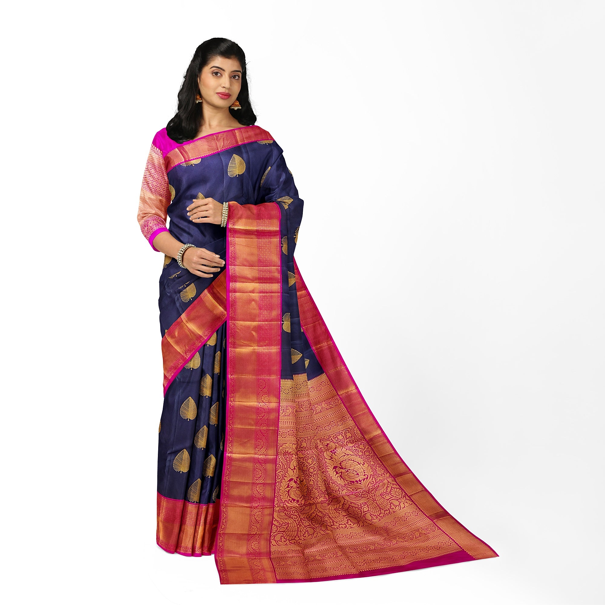 Ink Blue Kanjivaram Silk Saree with Pink Zari Border – Pure Handloom Bridal Saree Online - New Sudarshan Silks`